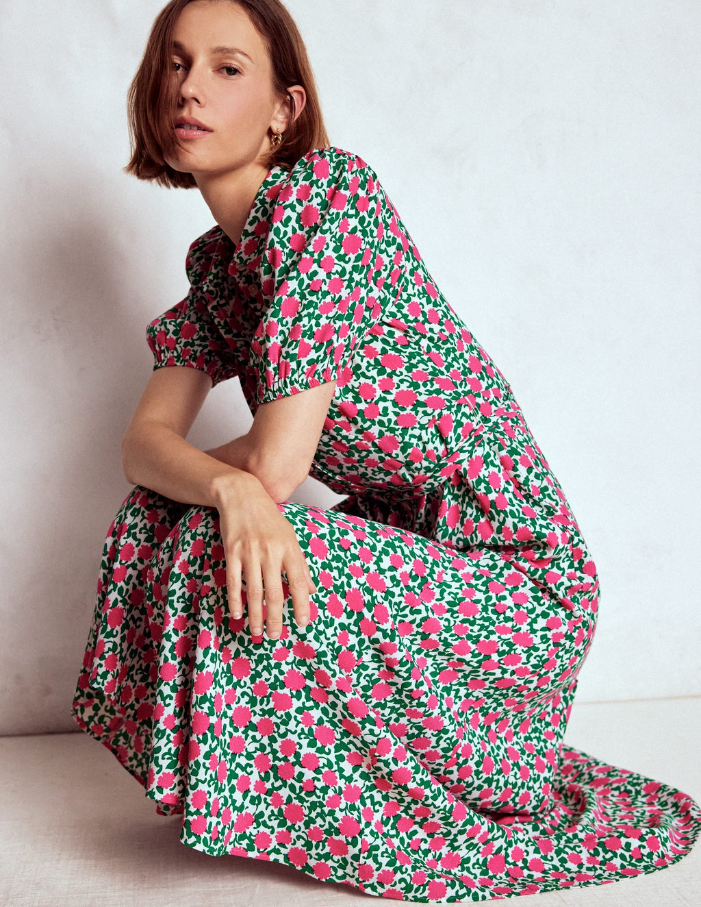 Alegra Midi Shirt Dress-Pink Ribbon, Floweret Vine