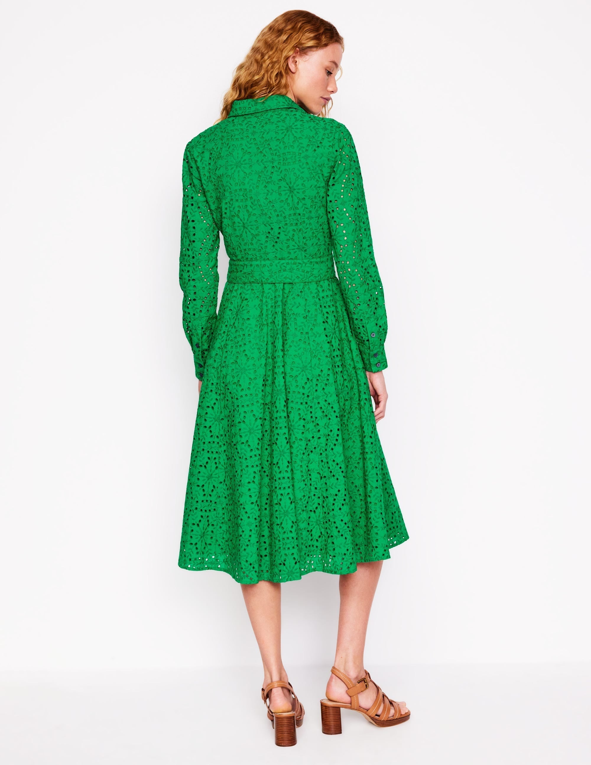 Amy Broderie Midi Shirt Dress-Rich Emerald