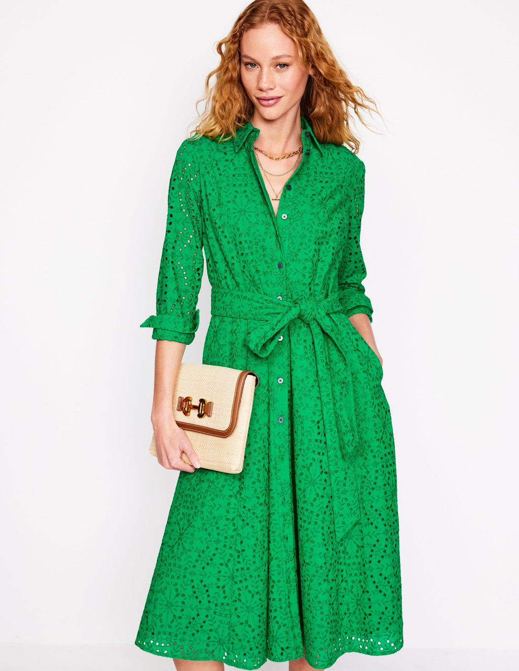 Amy Broderie Midi Shirt Dress-Rich Emerald