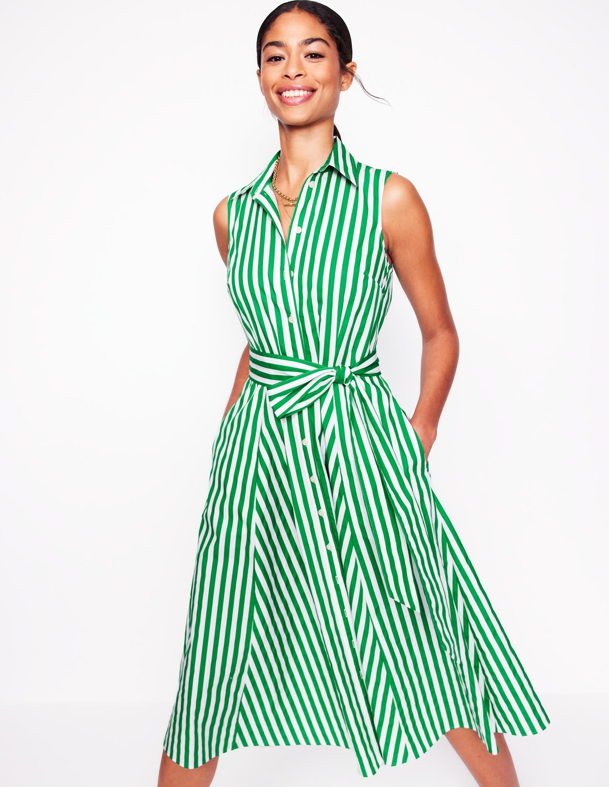 Amy Sleeveless Shirt Dress-Rich Emerald Stripe