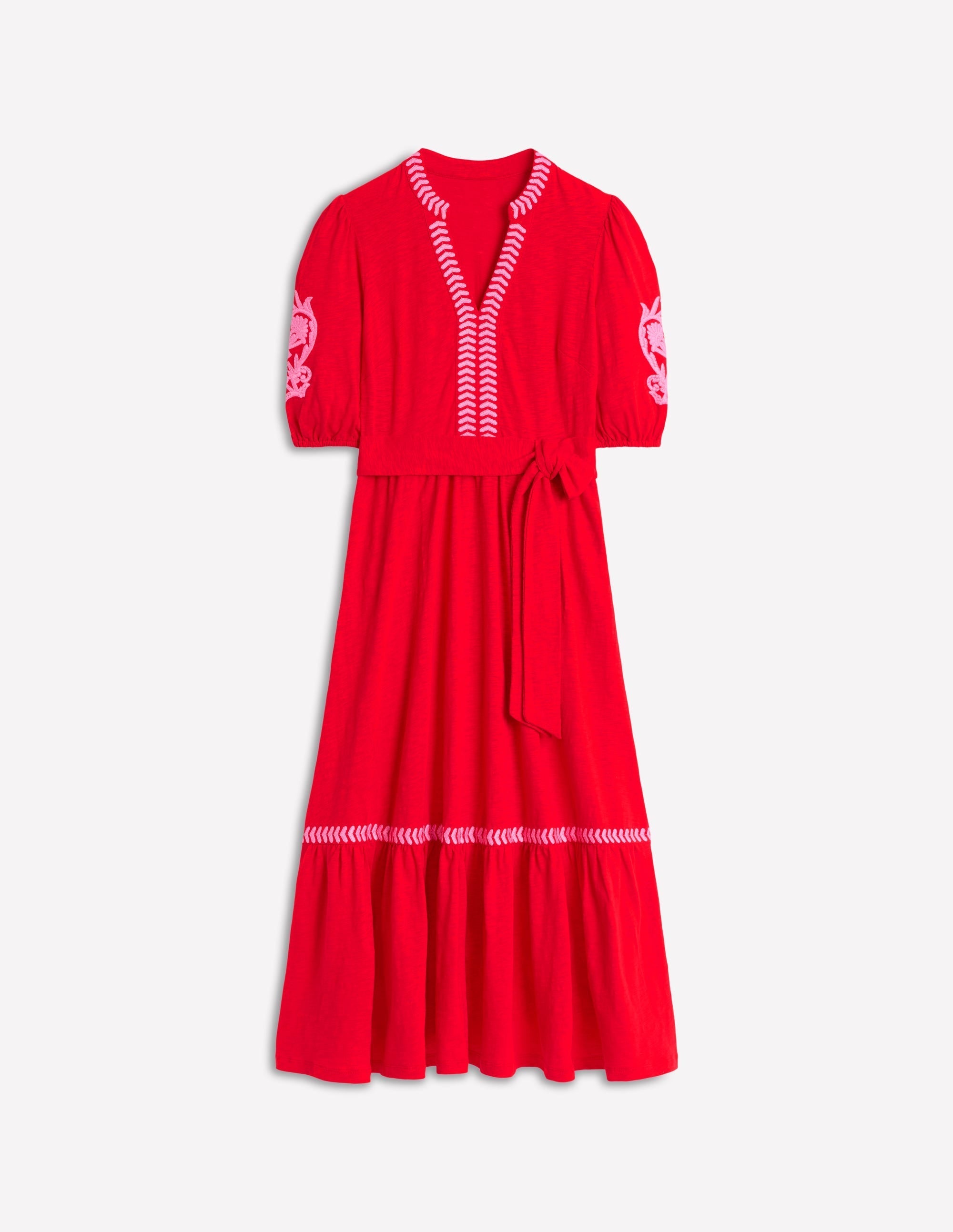 Amara Embroidered Jersey Dress-Poppy Red, Pink Peony