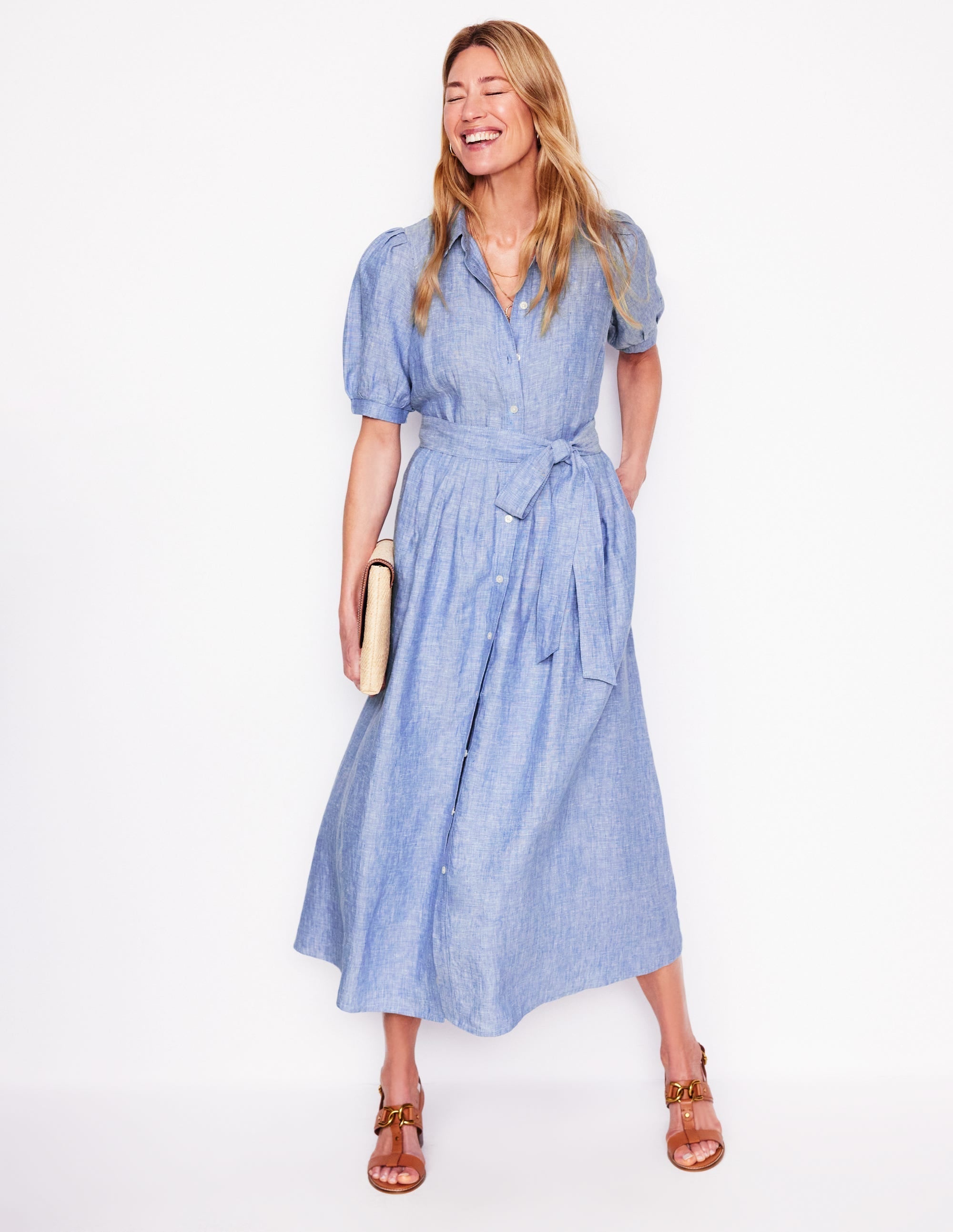 Alexa Linen Maxi Shirt Dress-Grey Blue Chambray