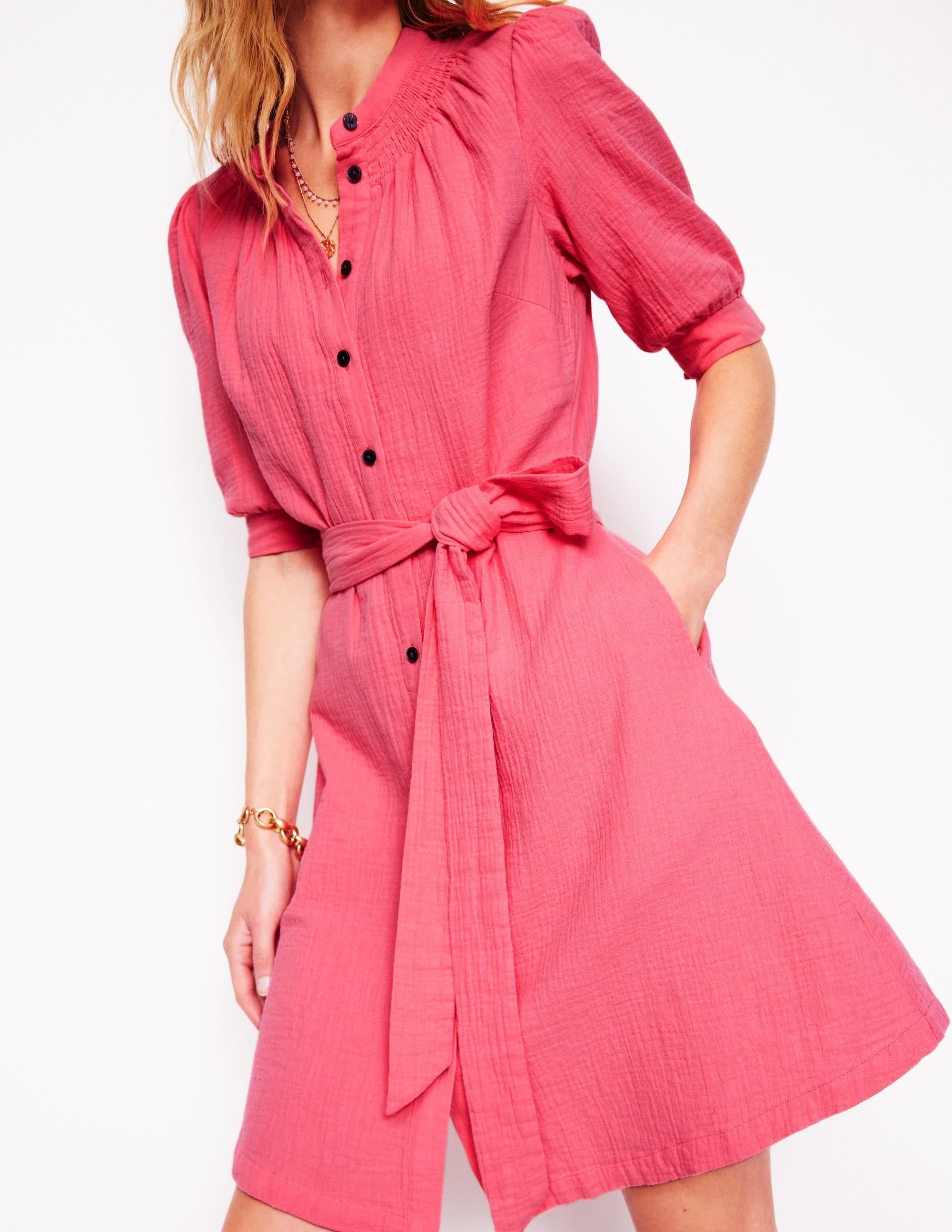 Ada Double Cloth Short Dress-Azalea Pink