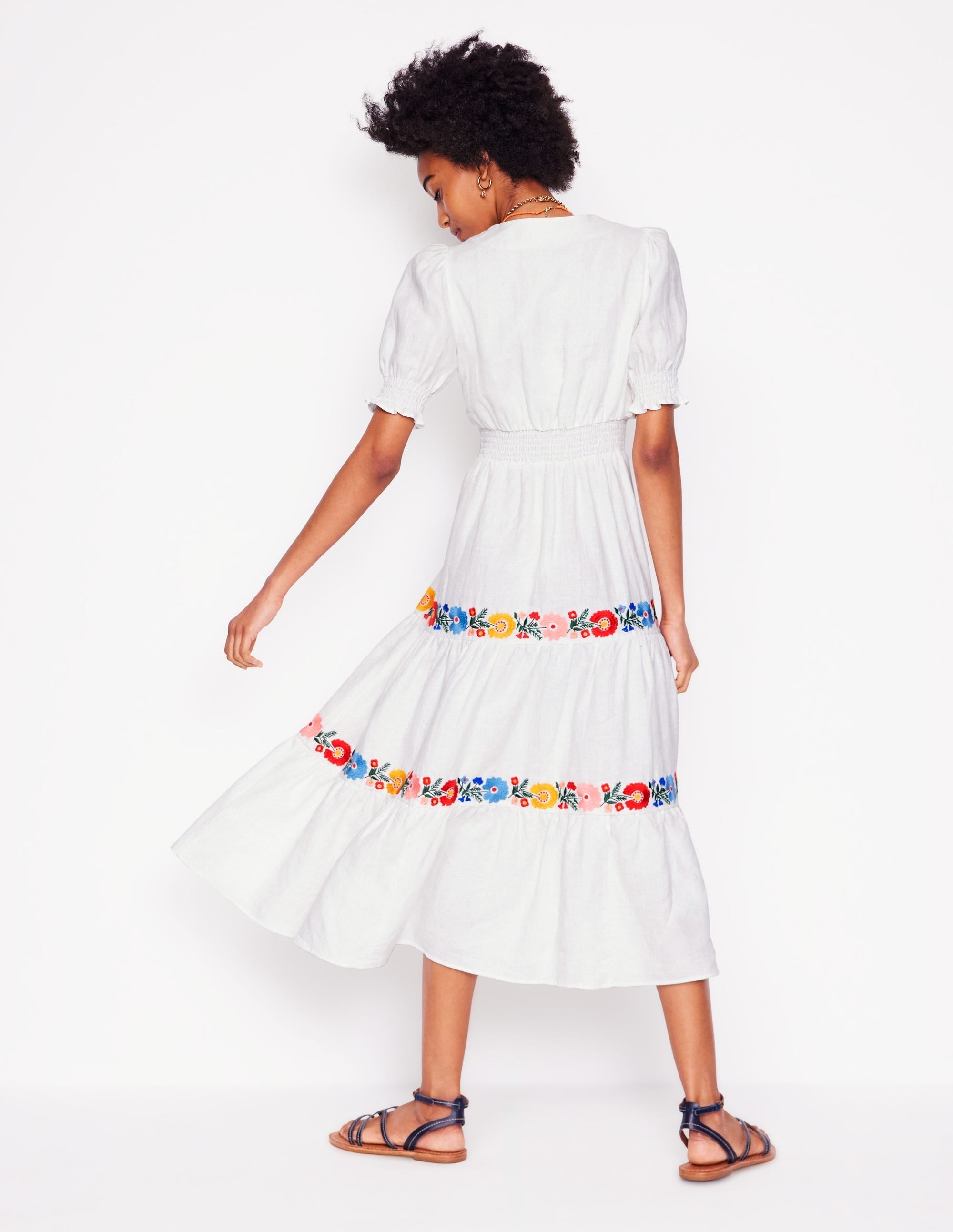 Anna Linen Tiered Midi Dress-White, Multi Embroidery