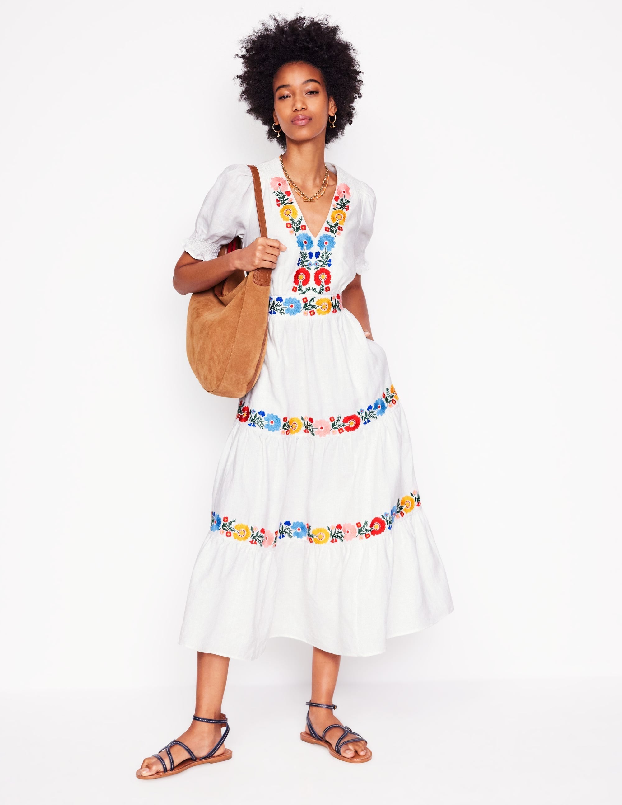 Anna Linen Tiered Midi Dress-White, Multi Embroidery