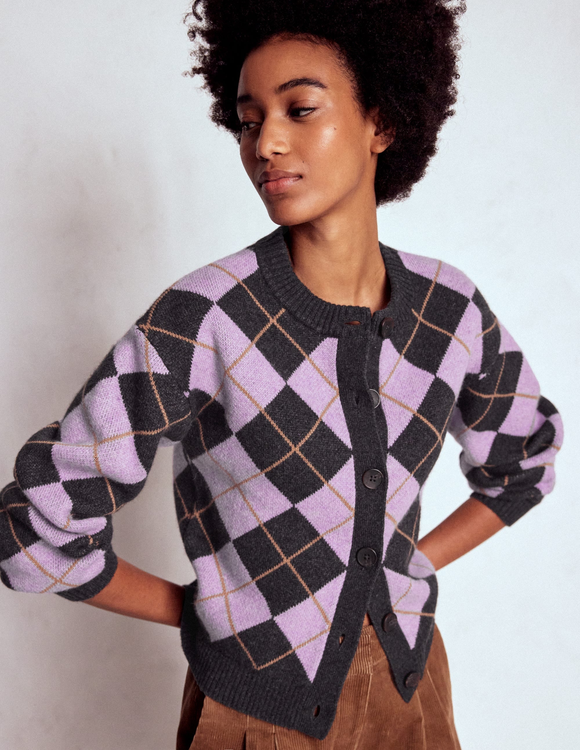 Abi Jacquard Cardigan-Lilac, Charcoal Melange Argyle