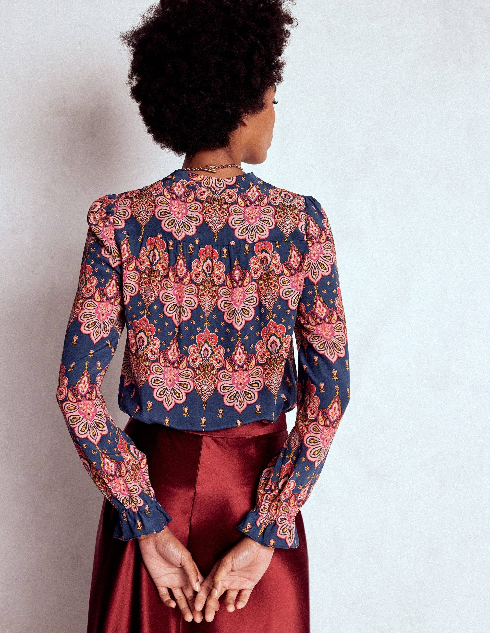 Alice Frill Front Silk Top-Navy, Embellished Paisley