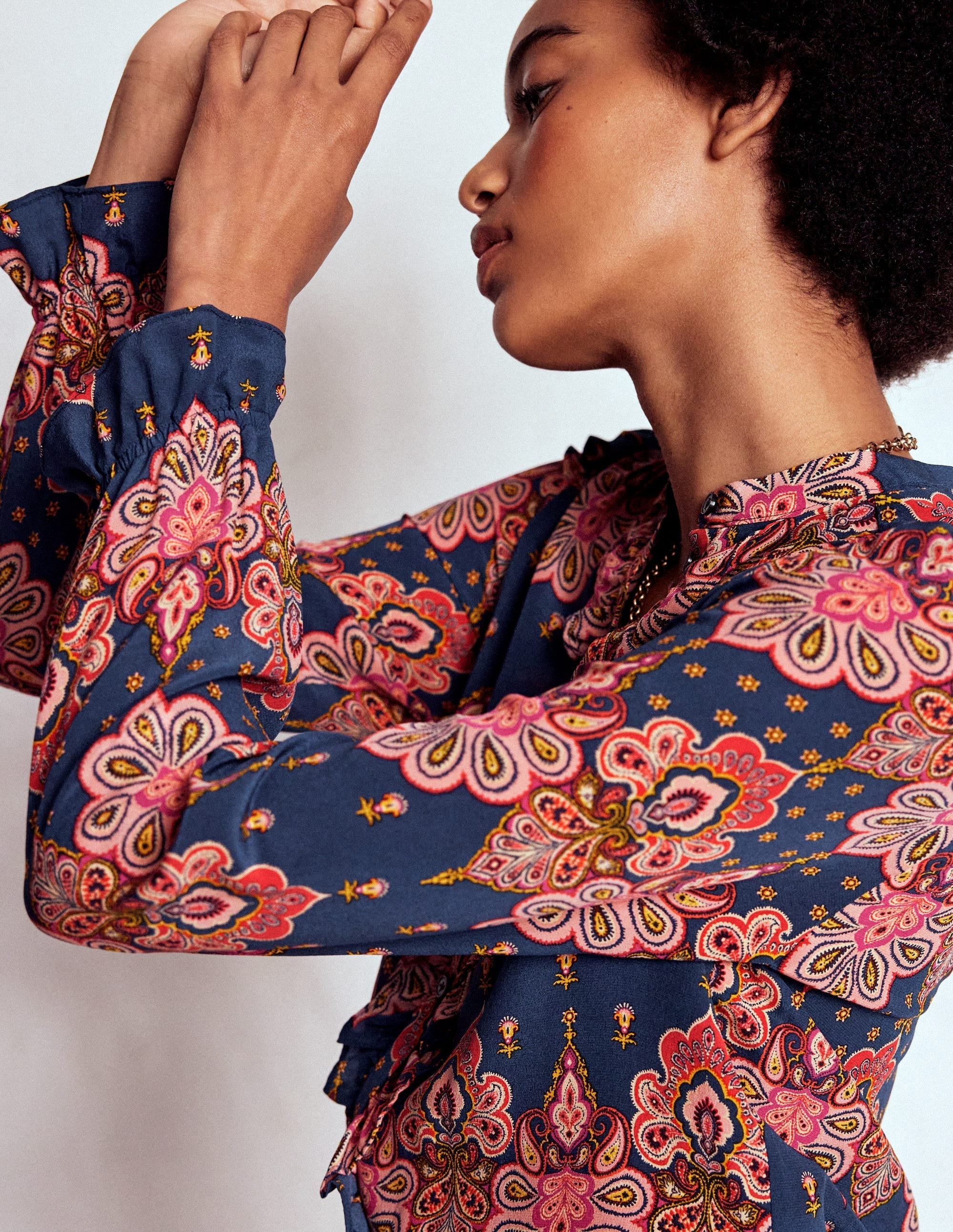 Alice Frill Front Silk Top-Navy, Embellished Paisley