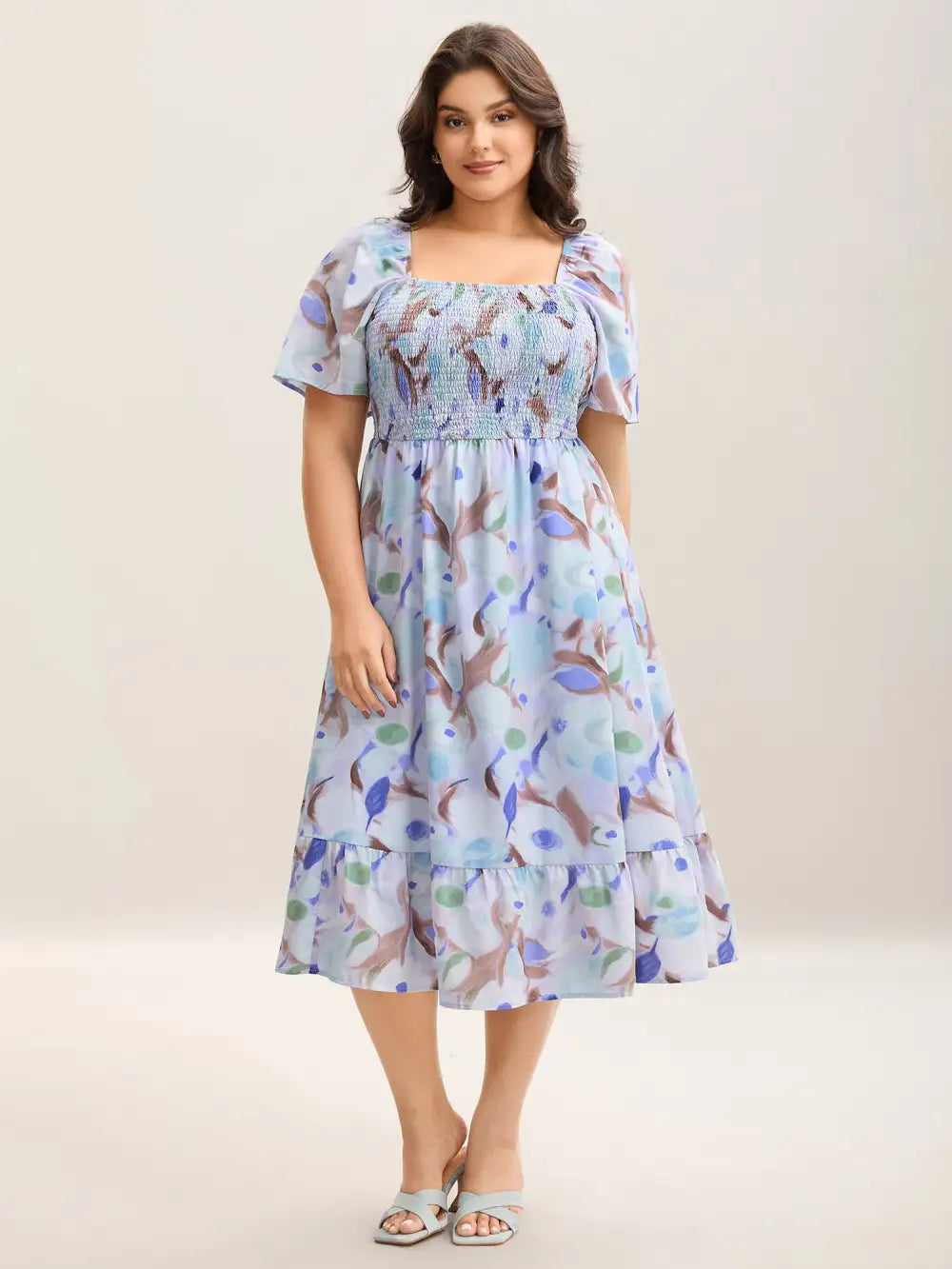 Floral Pattern Shirred Pockets Midi Dress
