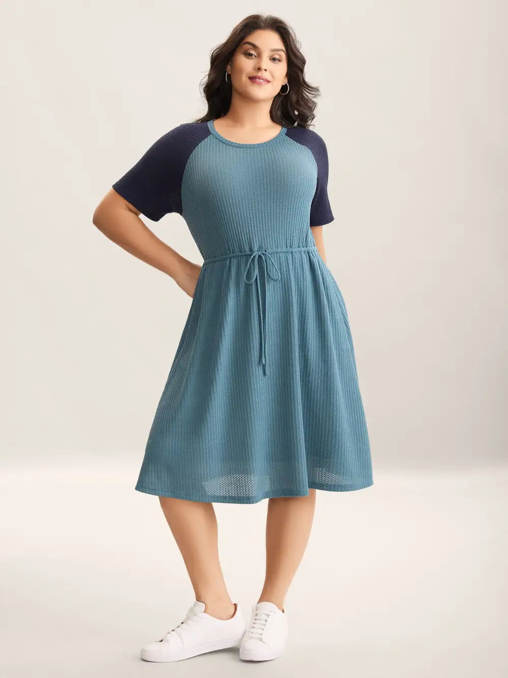 Textured Adjustable Waist Tie Knit Midi Dress