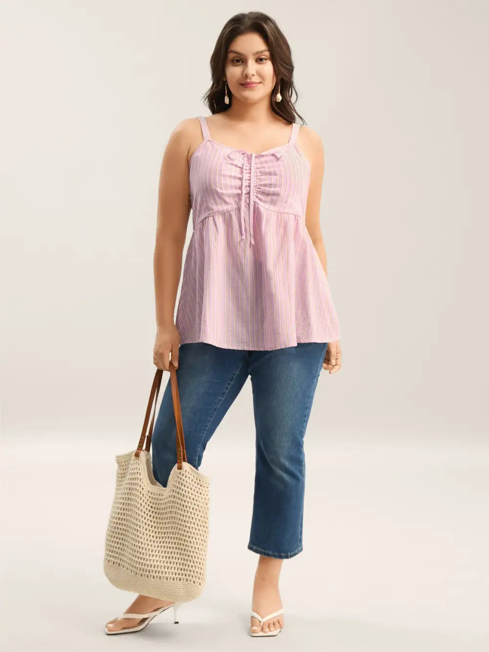 Stripes Neck Ties Ruched Tank Top