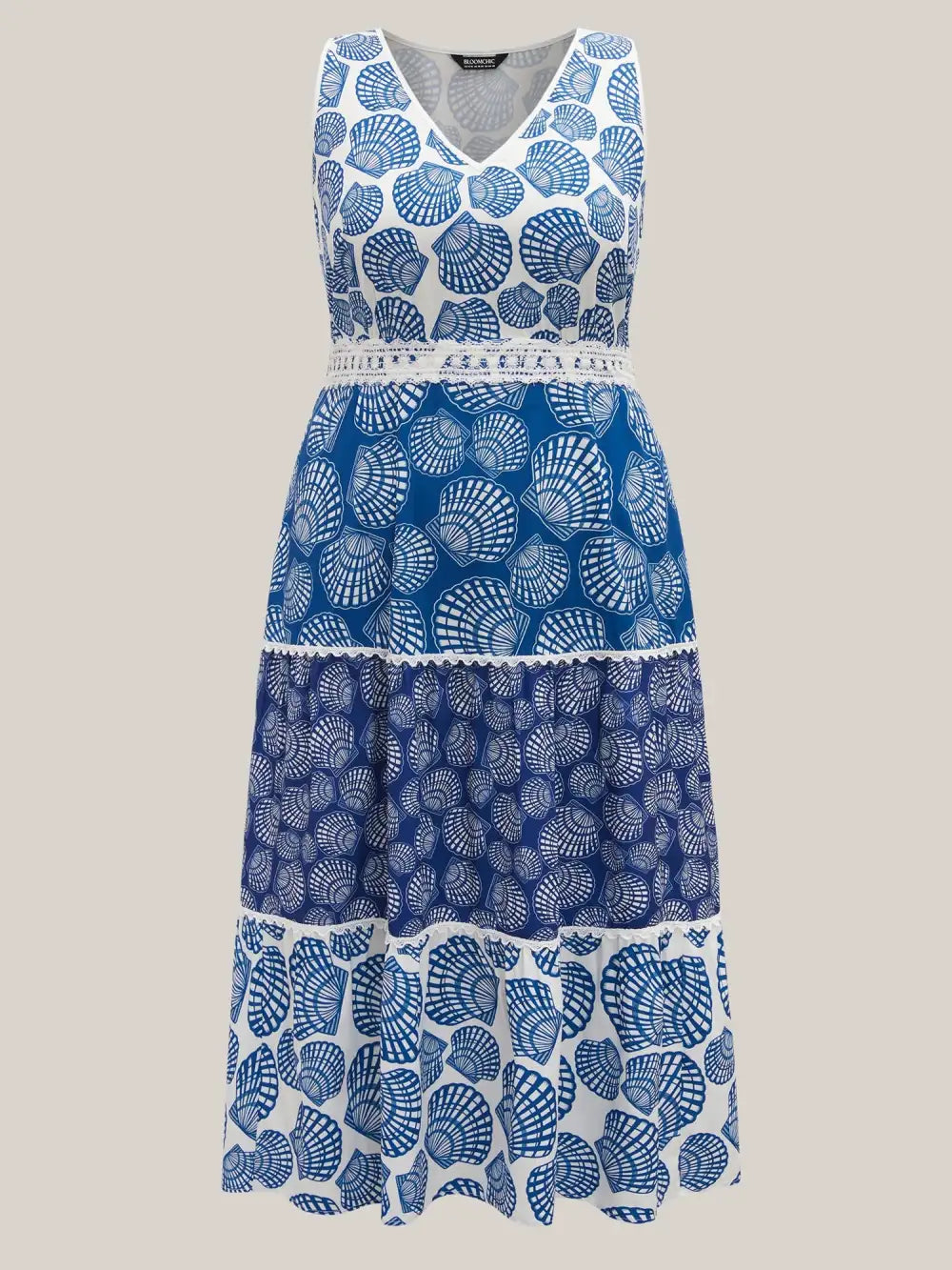 Shell Print Lace Trim Pockets Maxi Dress