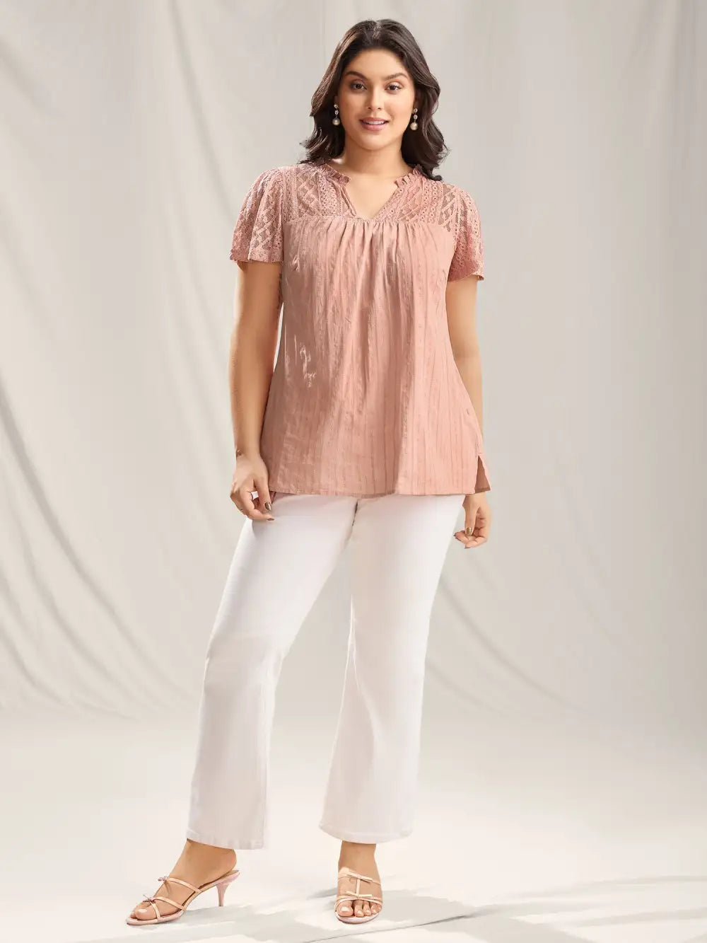 Sheer Notched Collar Textured Spliced Blouse