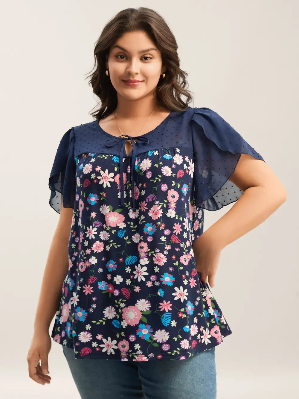 Floral Print Petal Sleeves Spliced Top