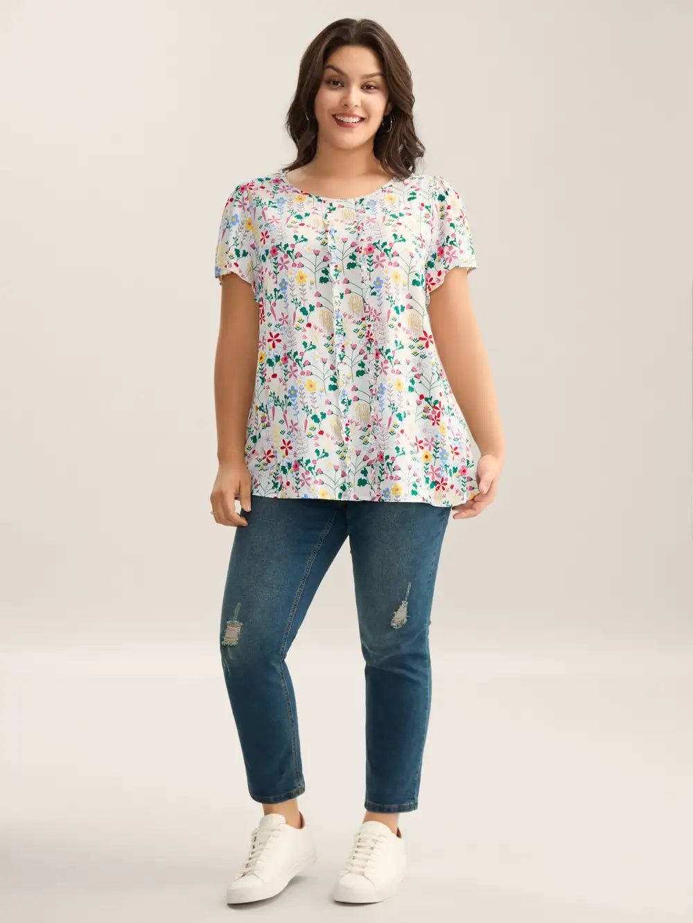 Sweet Floral Print Print Pleated Front Blouse