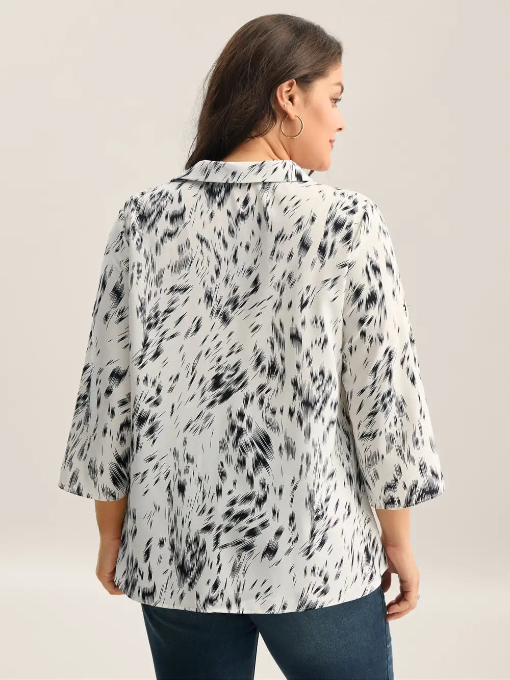 Zebra Print Tab Sleeve Shirt Collar Blouse