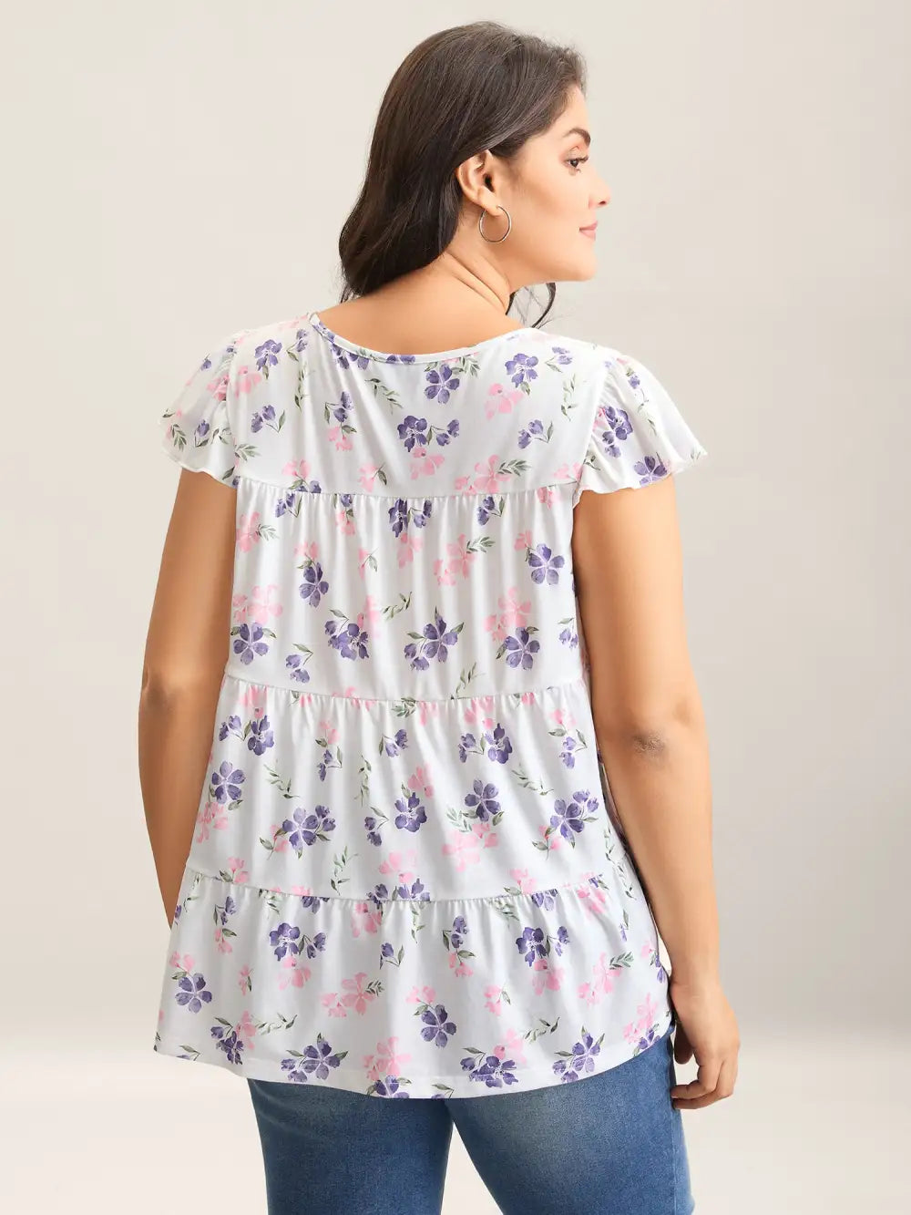 Floral Print Flutter Sleeve Layered T-Shirt
