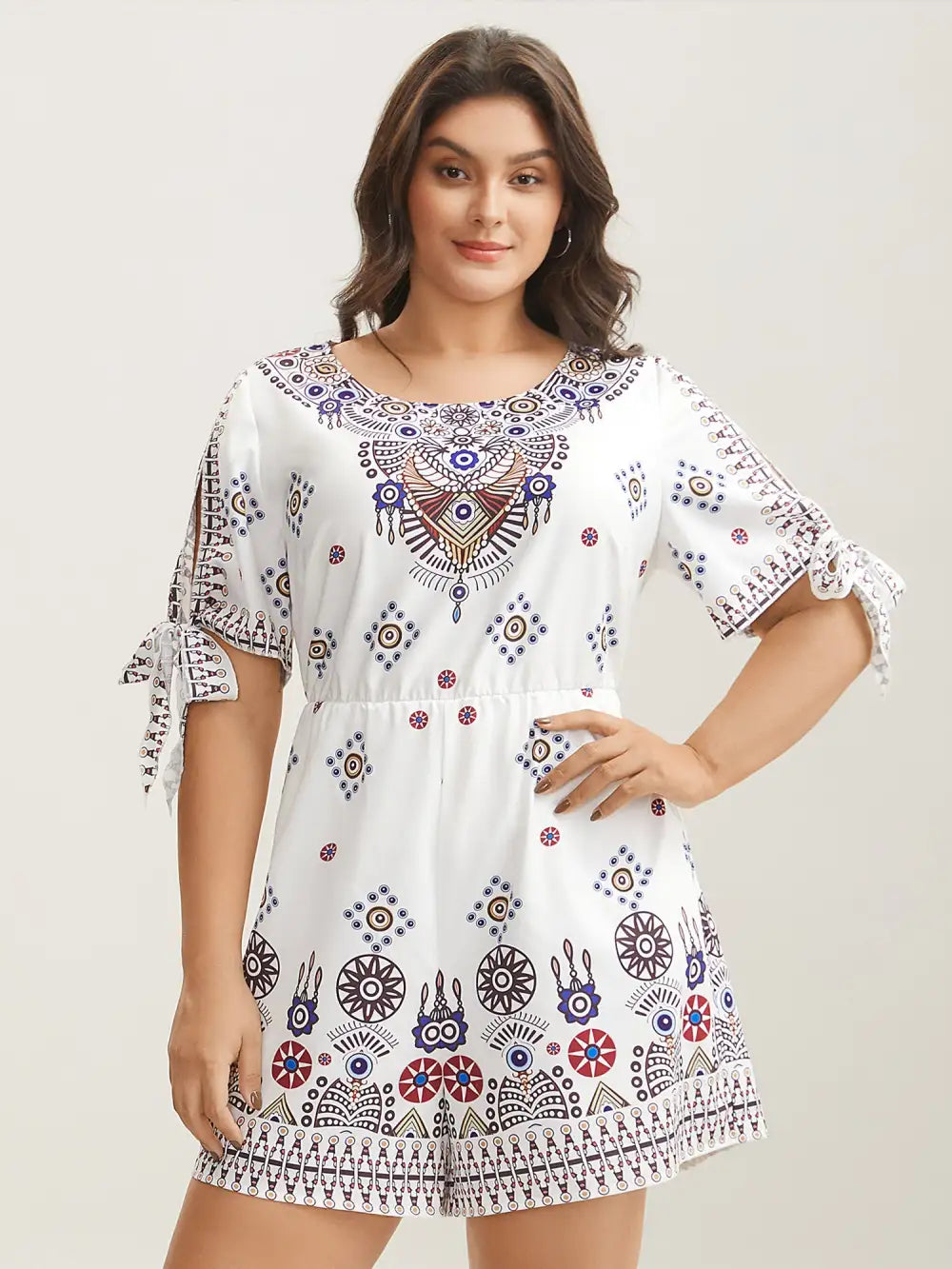 Boho Print Tie-Sleeve Pockets Romper