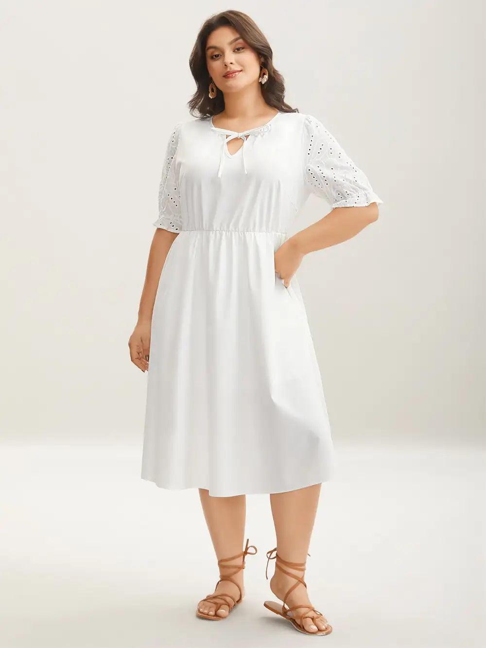 Textured Eyelet Sleeve Pockets Midi Dress