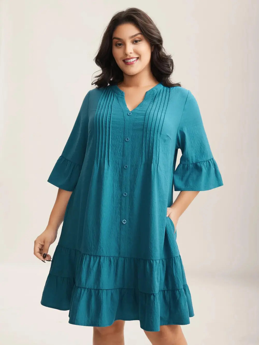 Toothpick Pleat Relaxed Fit Tiered Midi Dress