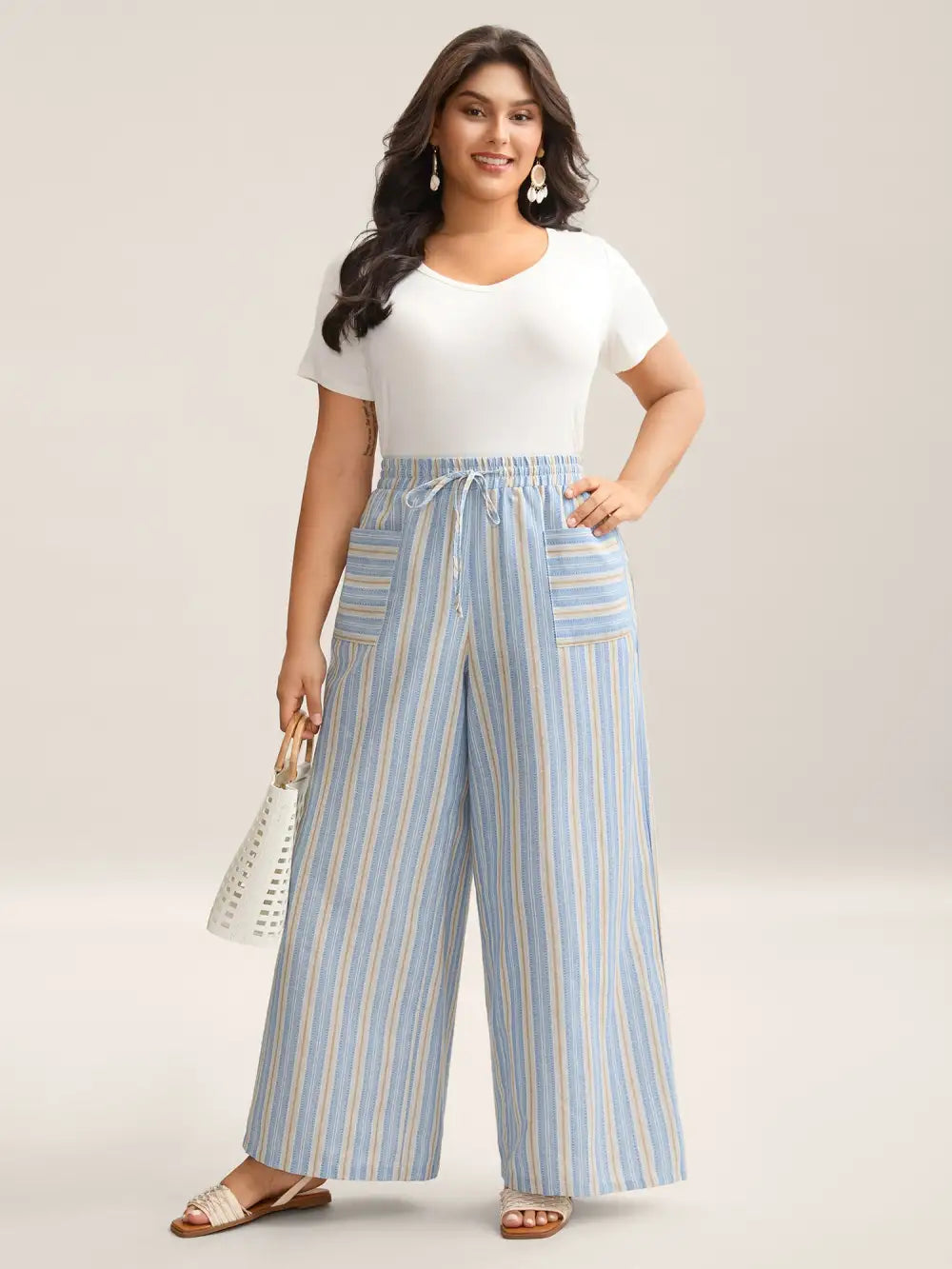 Stripes Pockets Wide-Leg Pants
