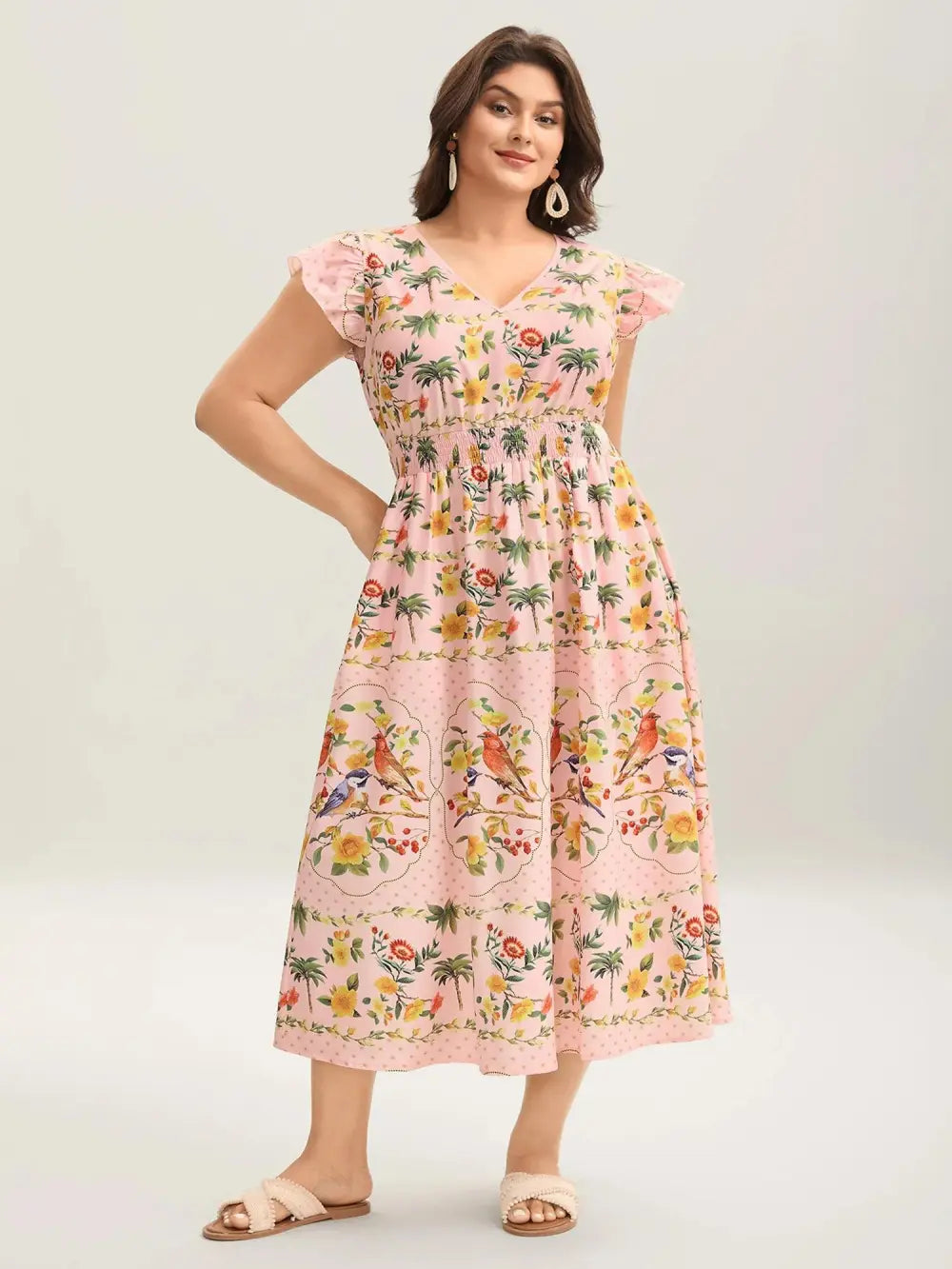 Tropical Print Shirred Waist Flutter Maxi Dress