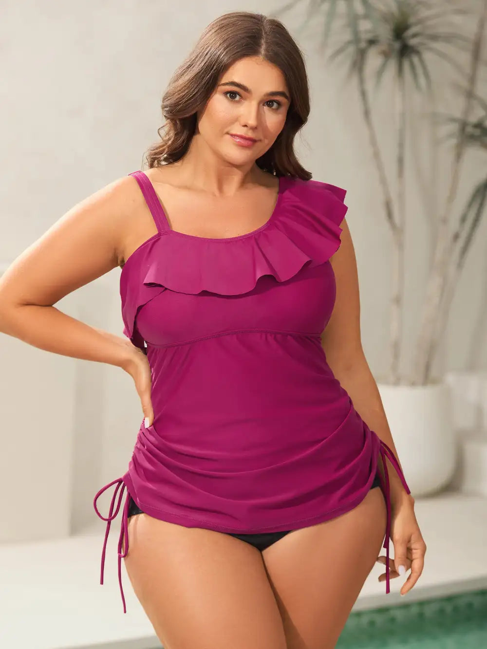 One-Shoulder Drawstring Swim Top