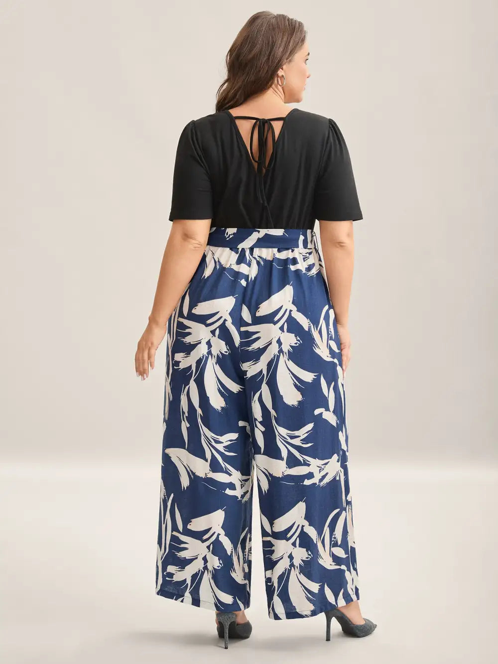 Feather Print Contrast Pockets Belted Jumpsuit