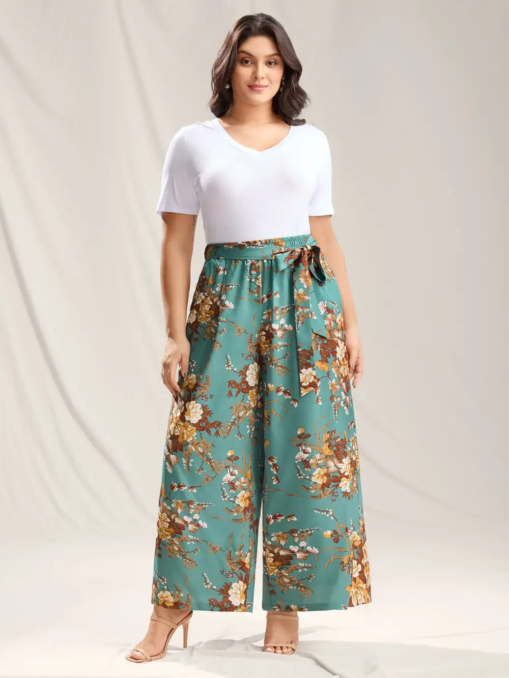 Sweet Floral Print Belted Wide-Leg Pants