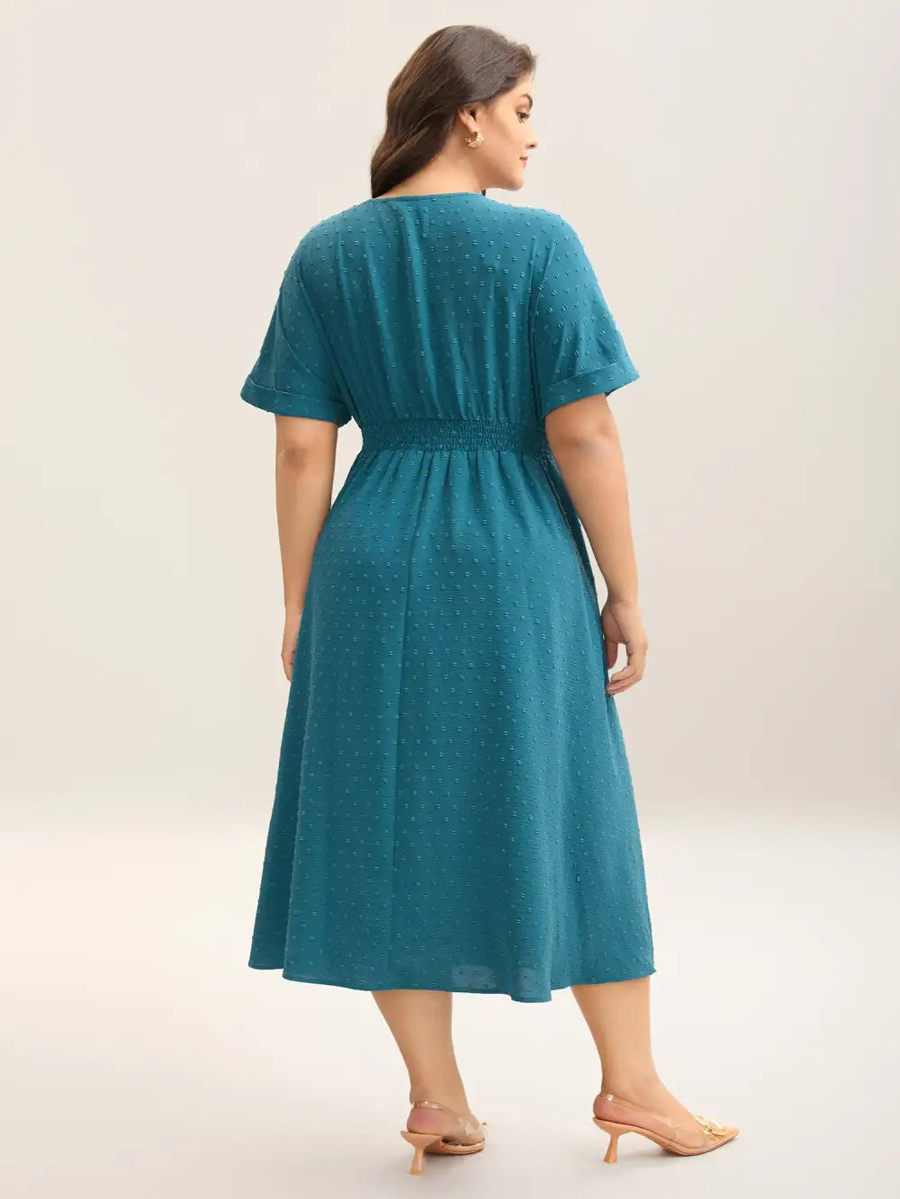 Textured Stretchy Pleated Waist Midi Dress