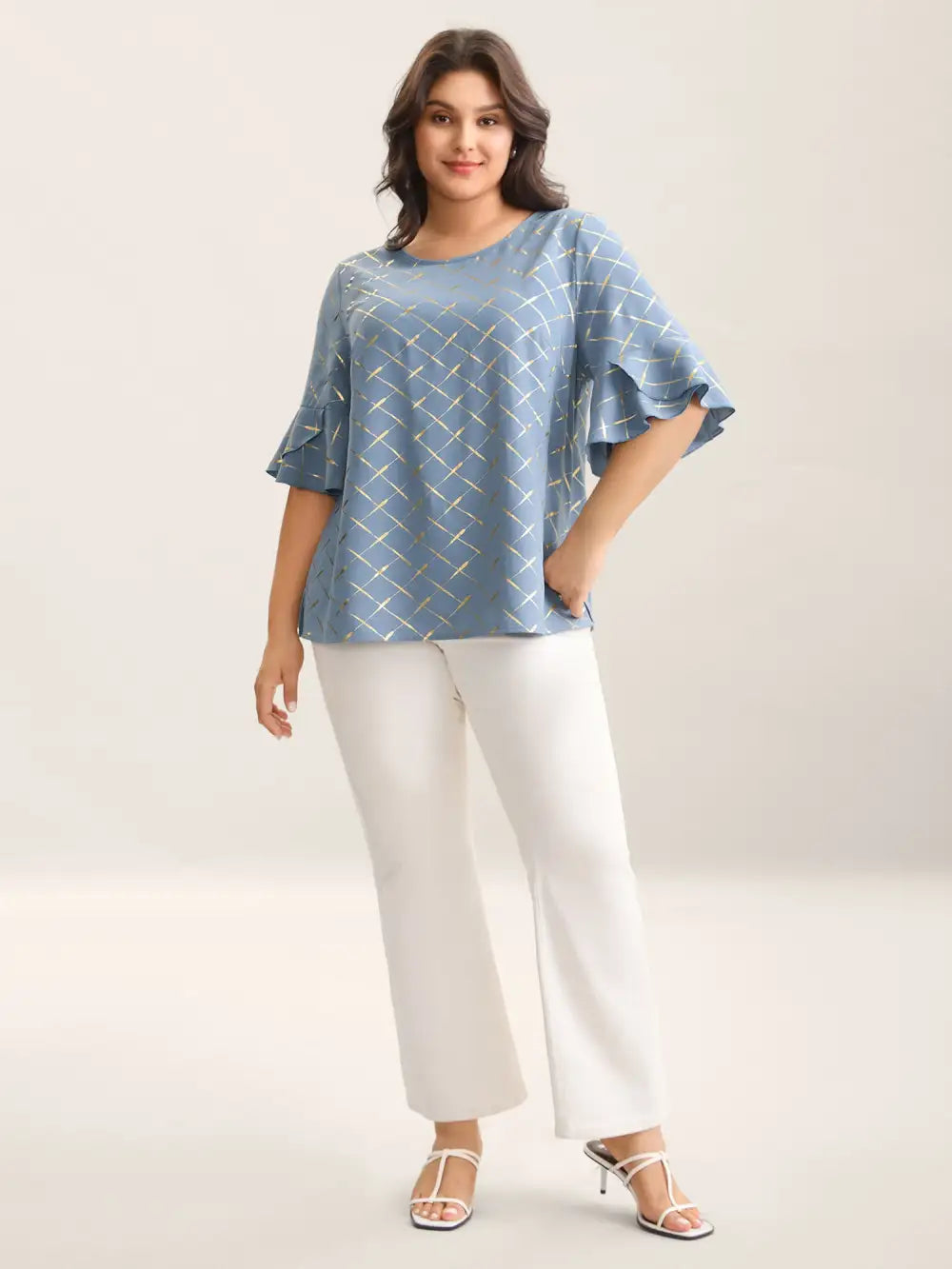Glitter Plaid Ruffle Sleeve Blouse
