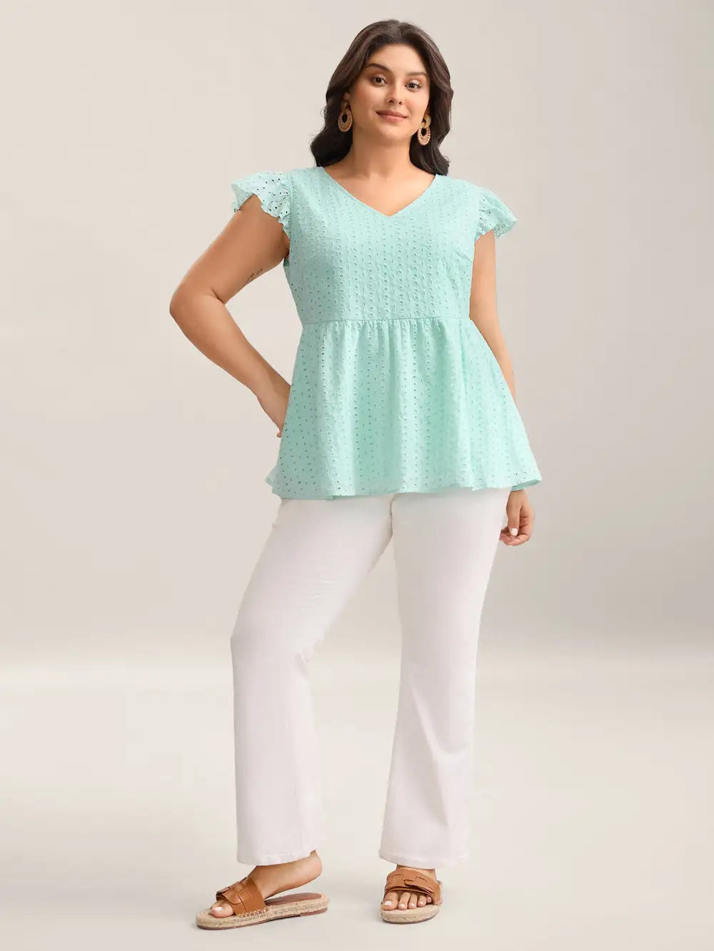 Cotton Embroidered Flutter Sleeve Babydoll Top