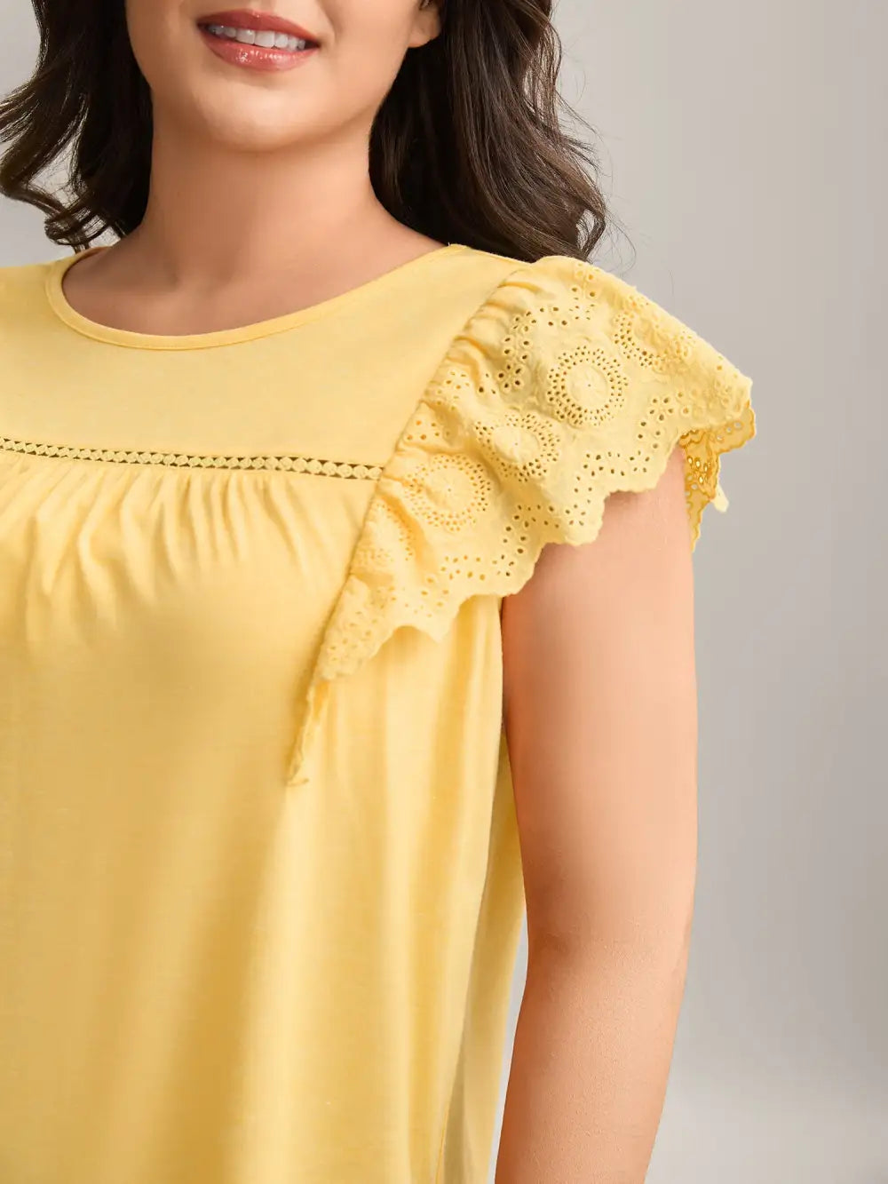 Eyelet Trim Plain Flutter Sleeve Top