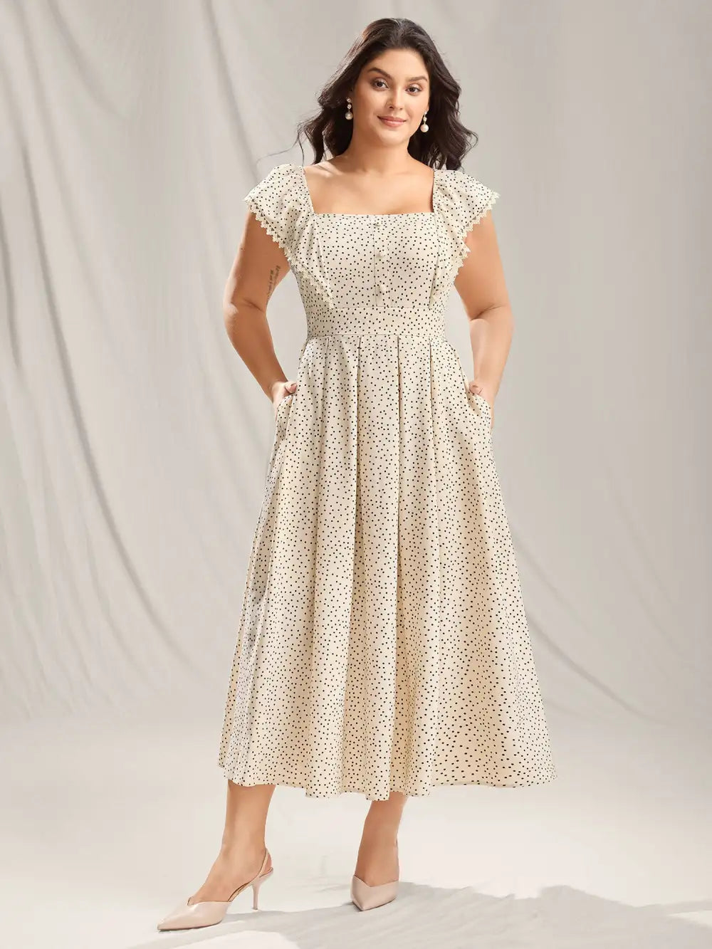 Polka Dot Cinched-Waist Pockets Midi Dress