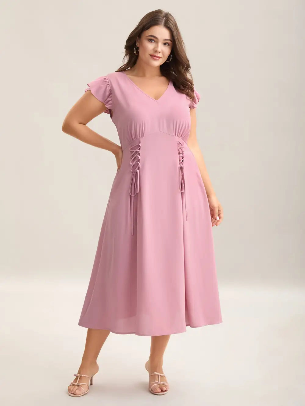 Tie-Up Panels Solid Pockets Midi Dress