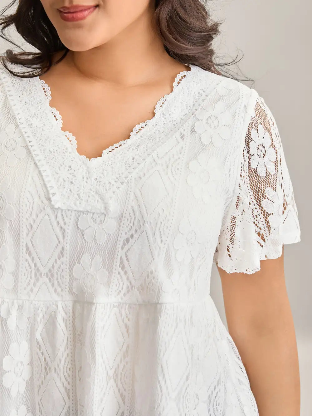 V Neck Lace Mesh Plain T-Shirt