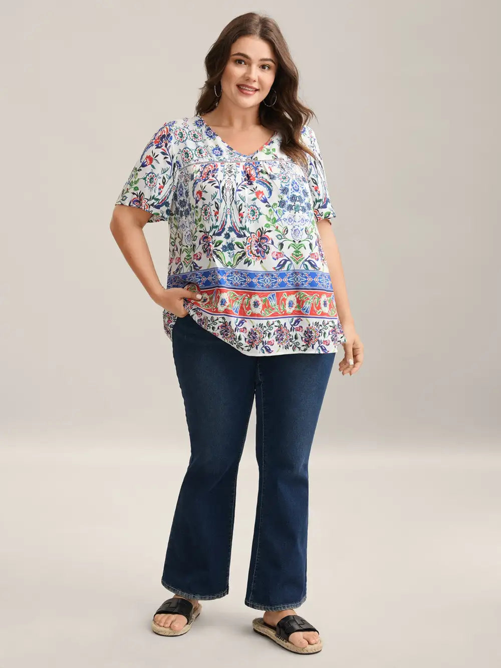 Rayon Floral Boho Print Lace Trim Blouse