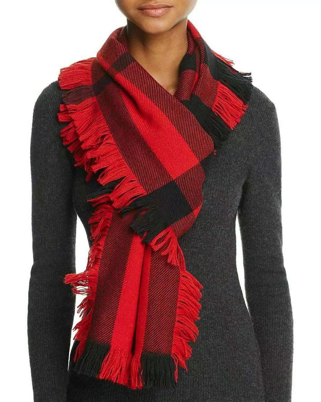 New Burberry   Wool Half Mega Fashion Plaid Check Fringe Scarf