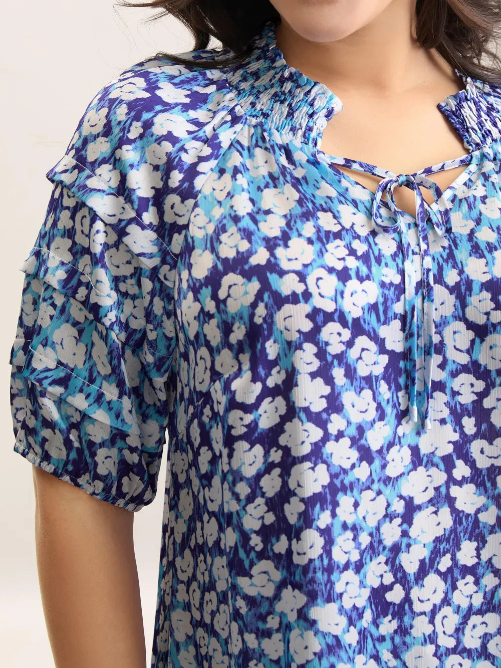 Cloud Print Shirred Collar Tiered Sleeve Blouse