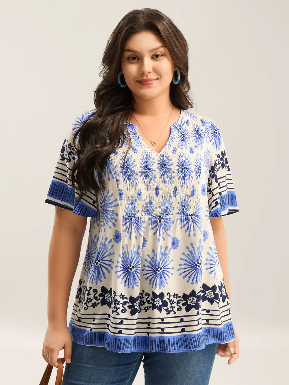 Floral Symphony Print Split Neck Blouse