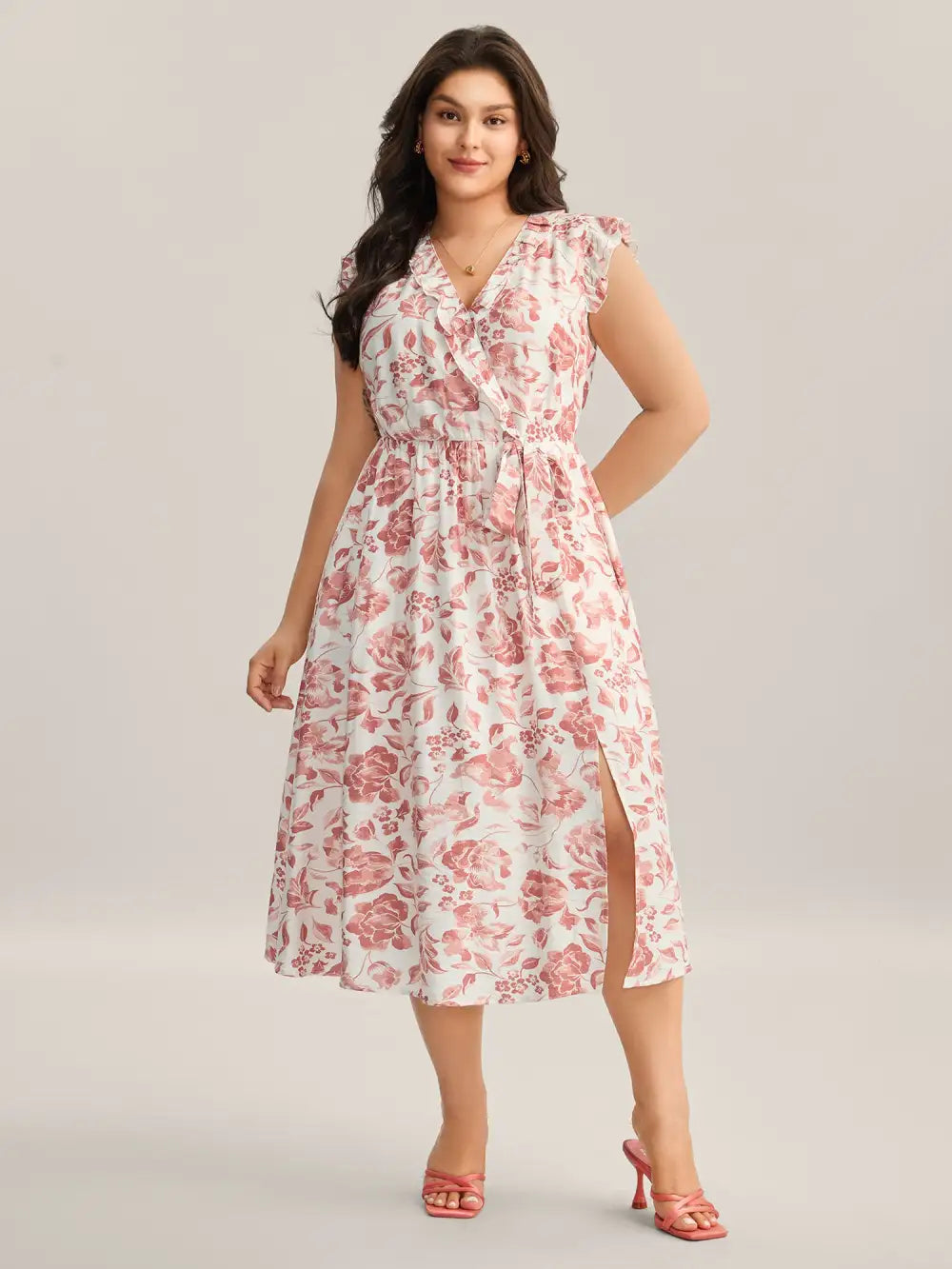 Monochrome Floral Print Ruffled Midi Dress