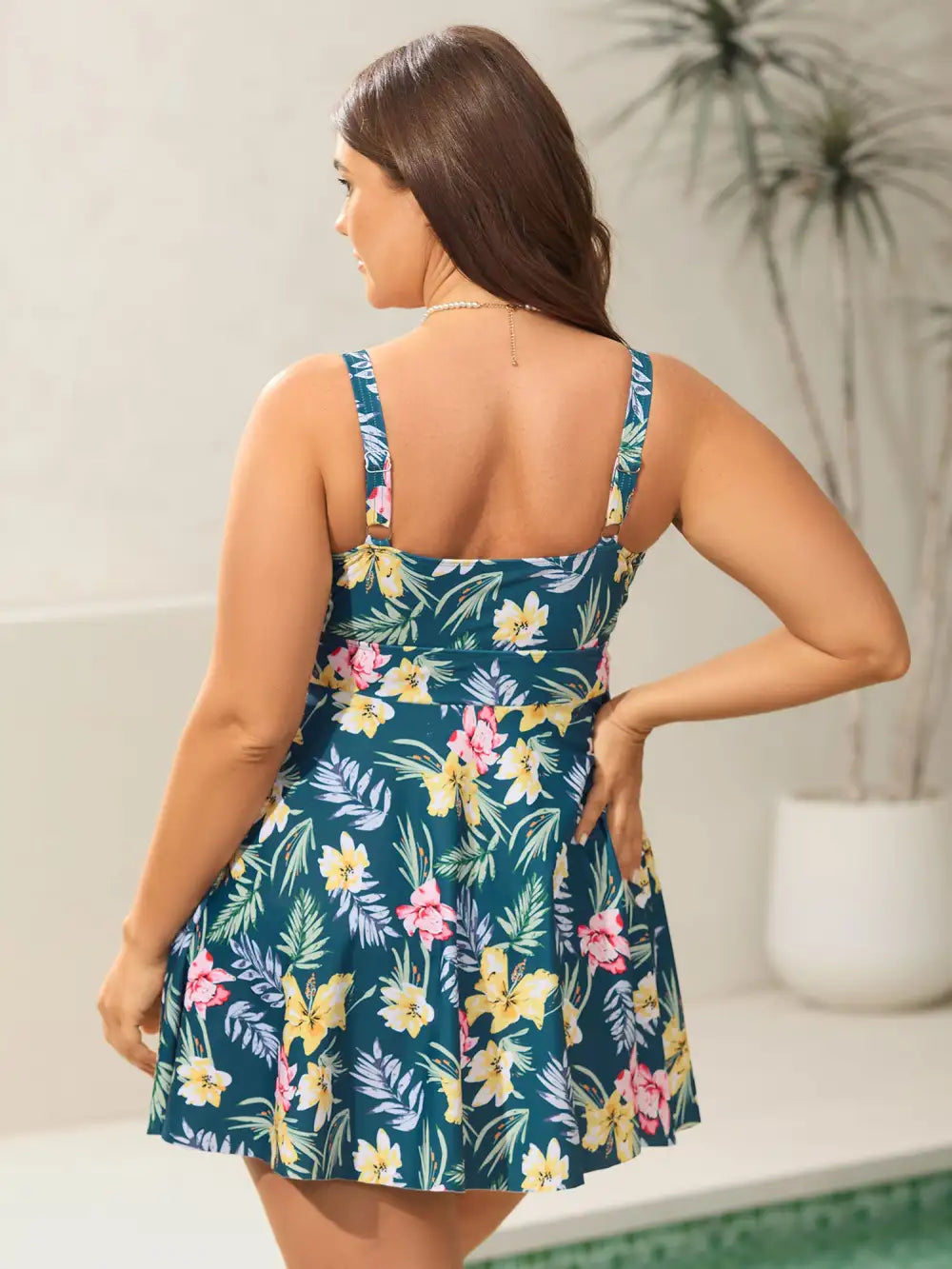 Tropical Floral Print Twist Front Swim Dress