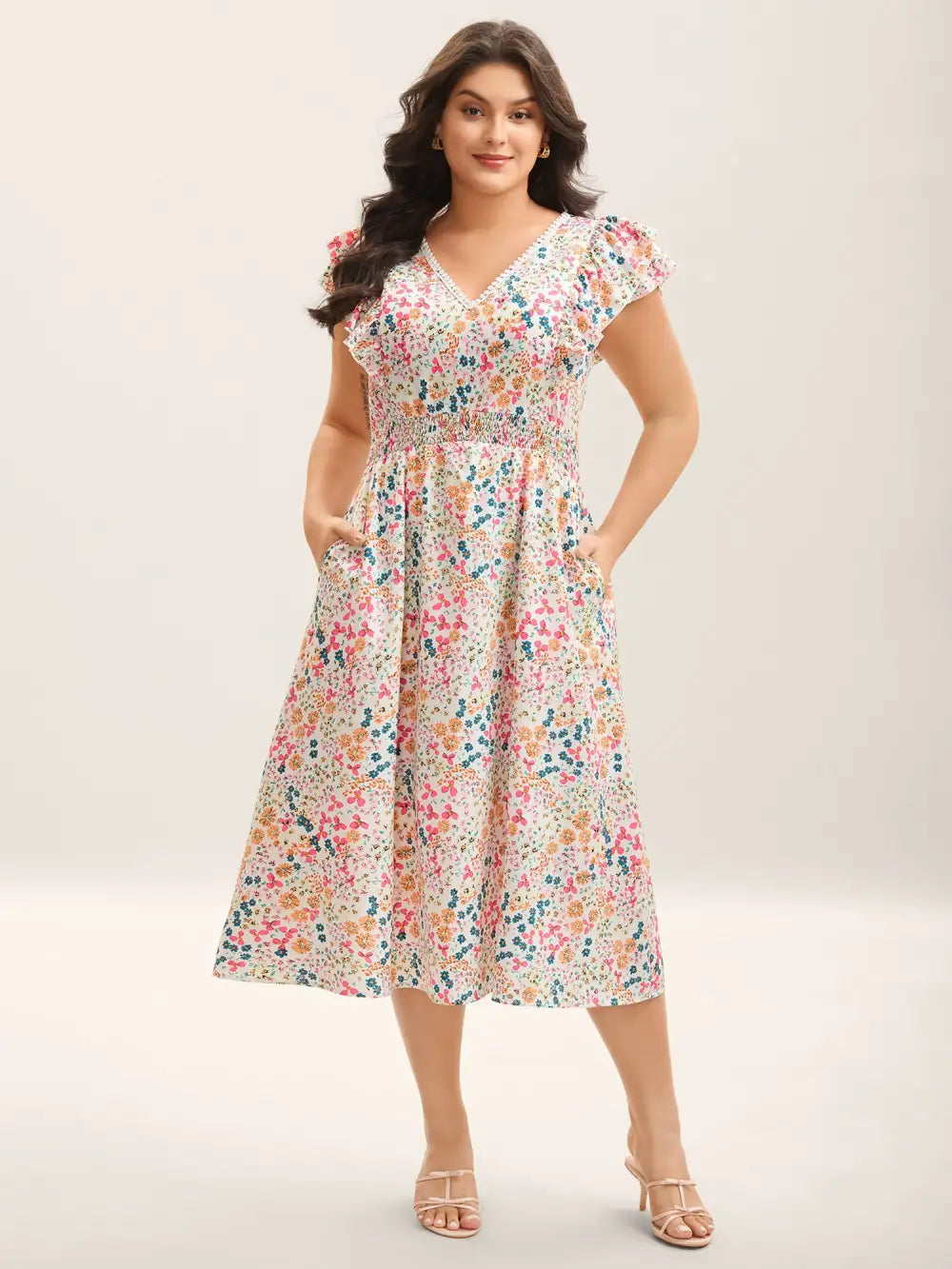 Sweet Floral Print Lace Neck Midi Dress