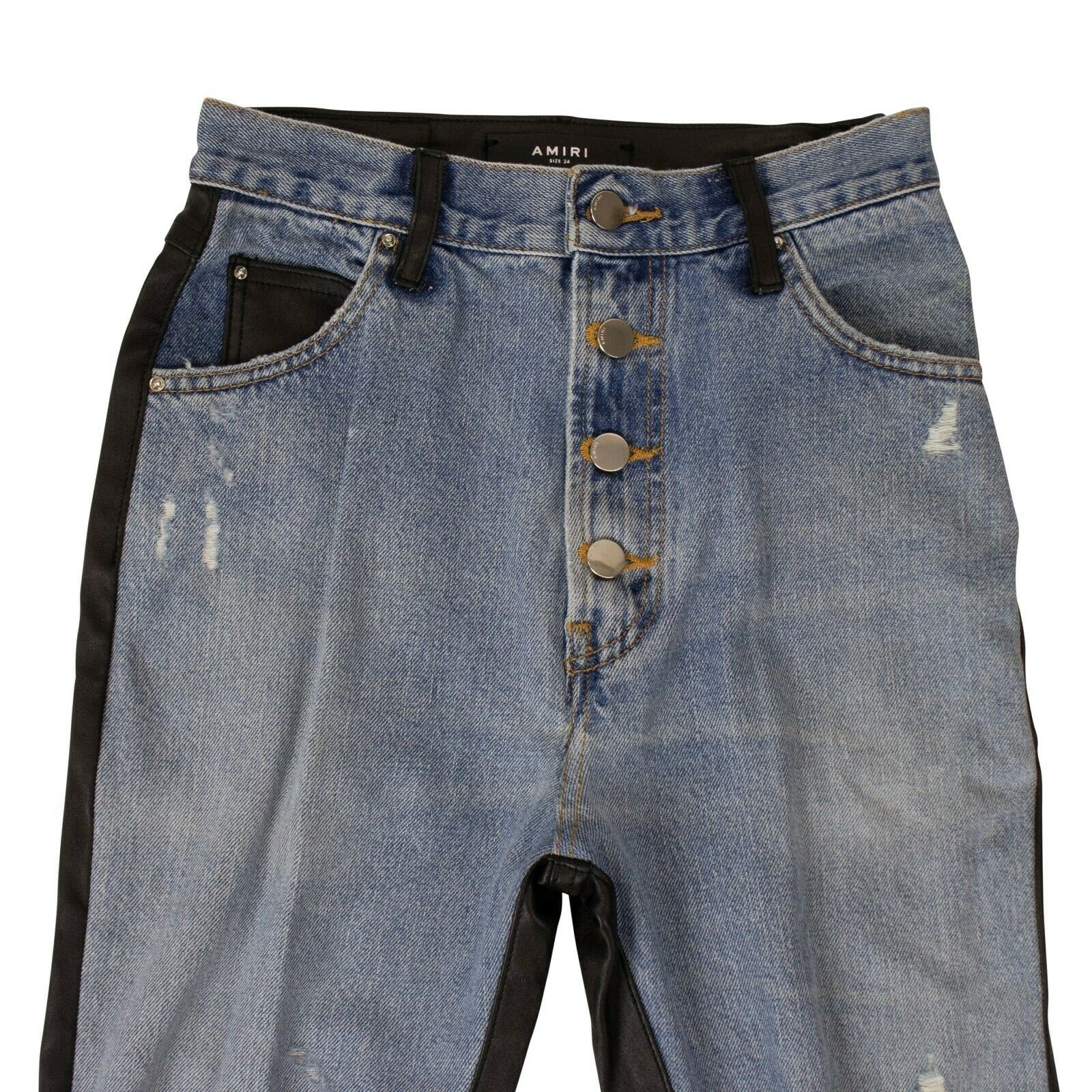 Amiri Denim Leather Jeans- Blue/Black