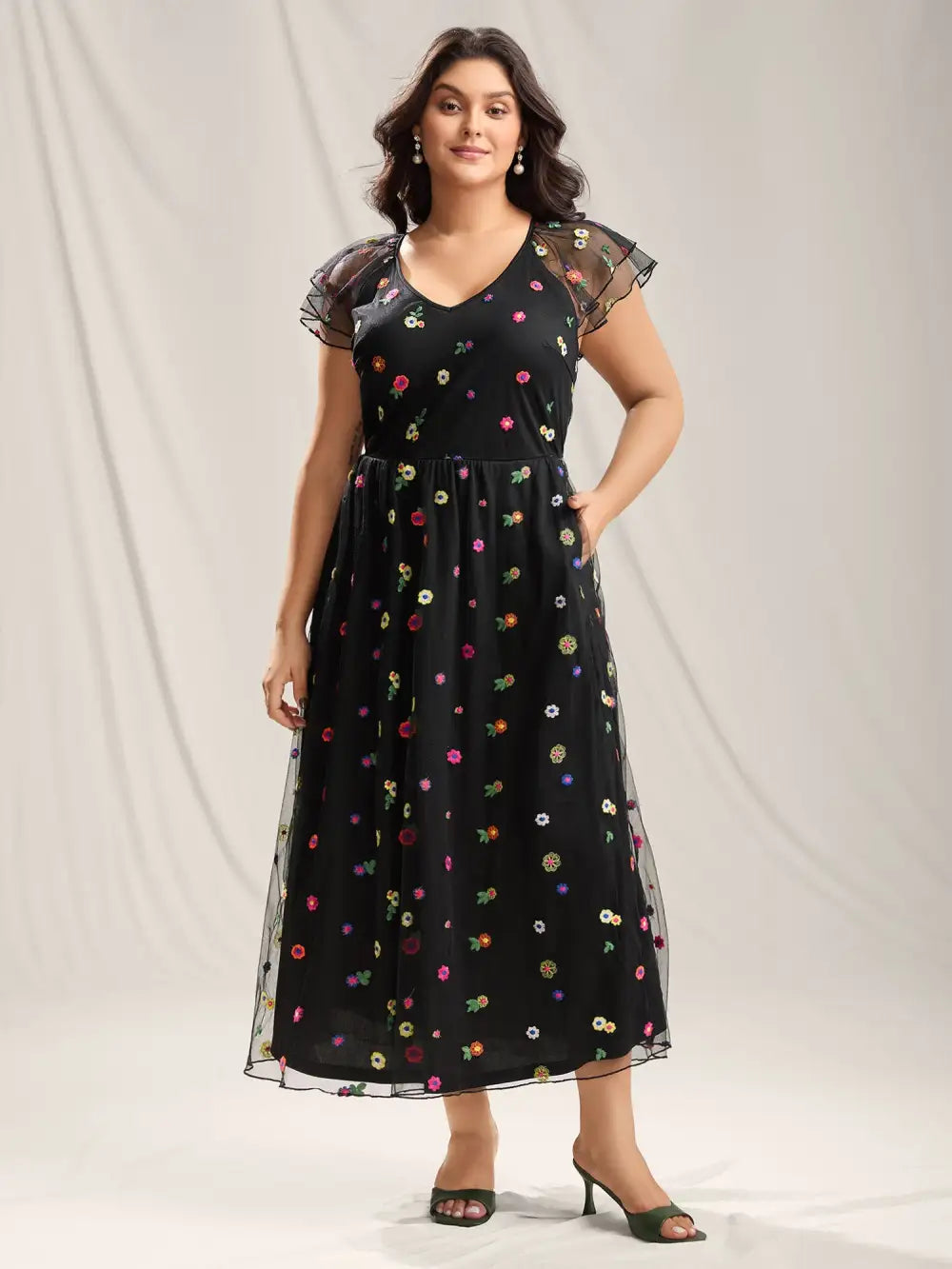 Embroidered Colorful Dots Lined Midi Dress