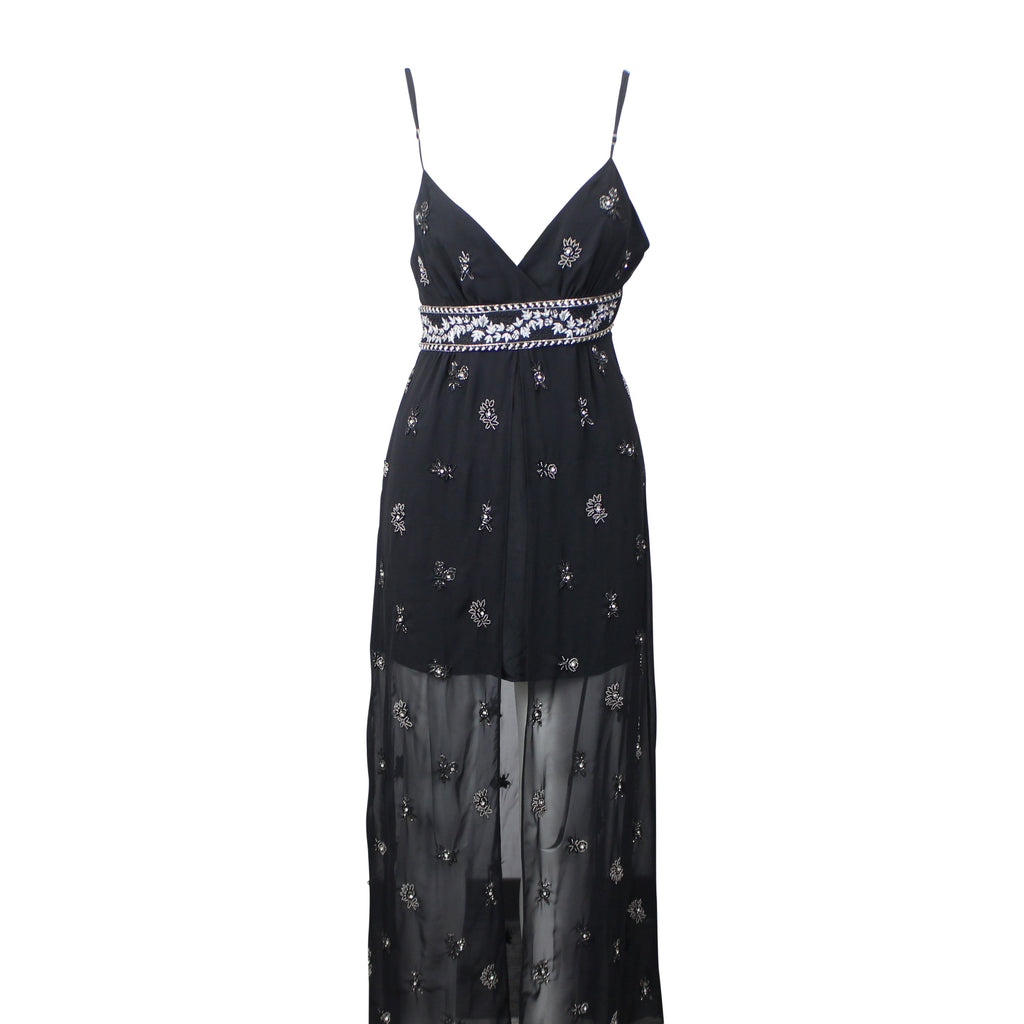 Women's Black Embellished Silk Chiffon Midi Dress