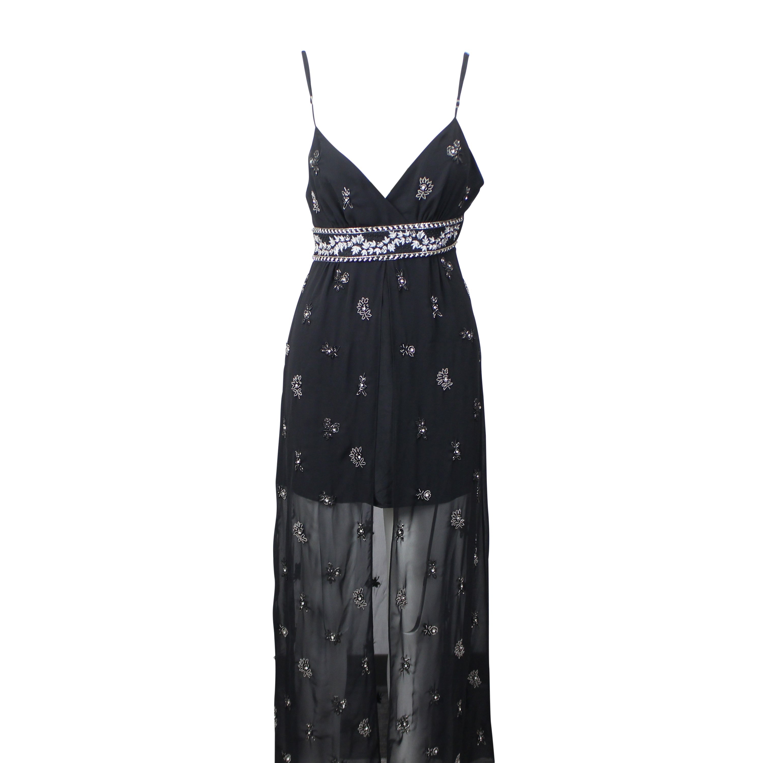 Women's Black Embellished Silk Chiffon Midi Dress
