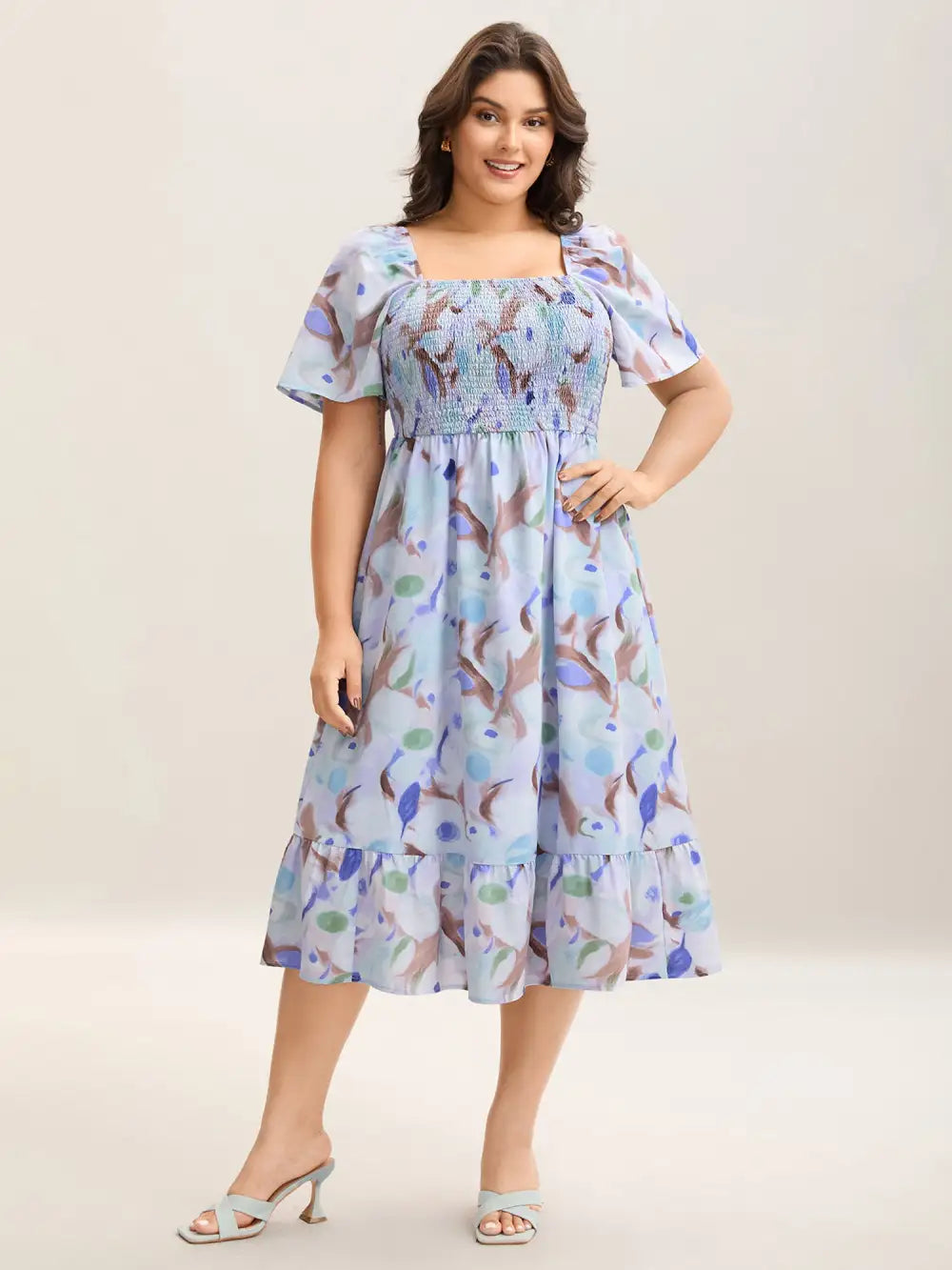 Floral Pattern Shirred Pockets Midi Dress