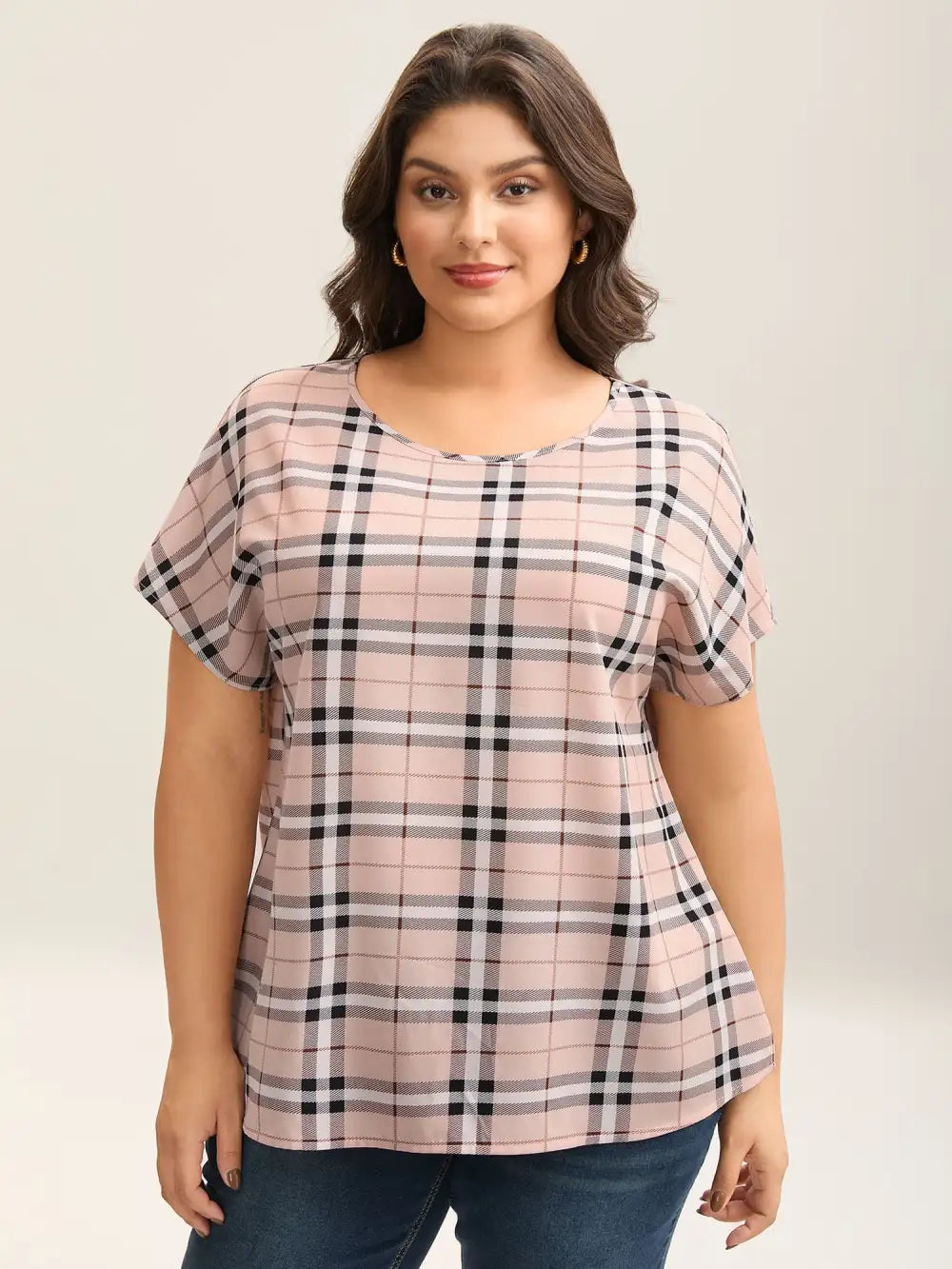 Plaid Pattern Round Neck Flared Shirt
