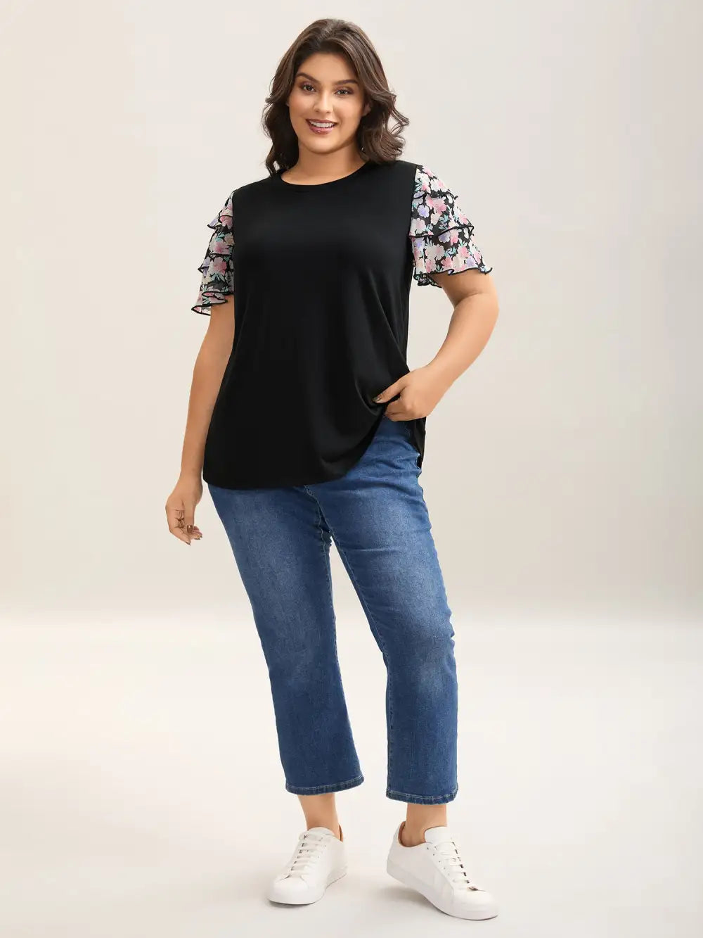 Floral Layered Sleeve Spliced Plain T-Shirt